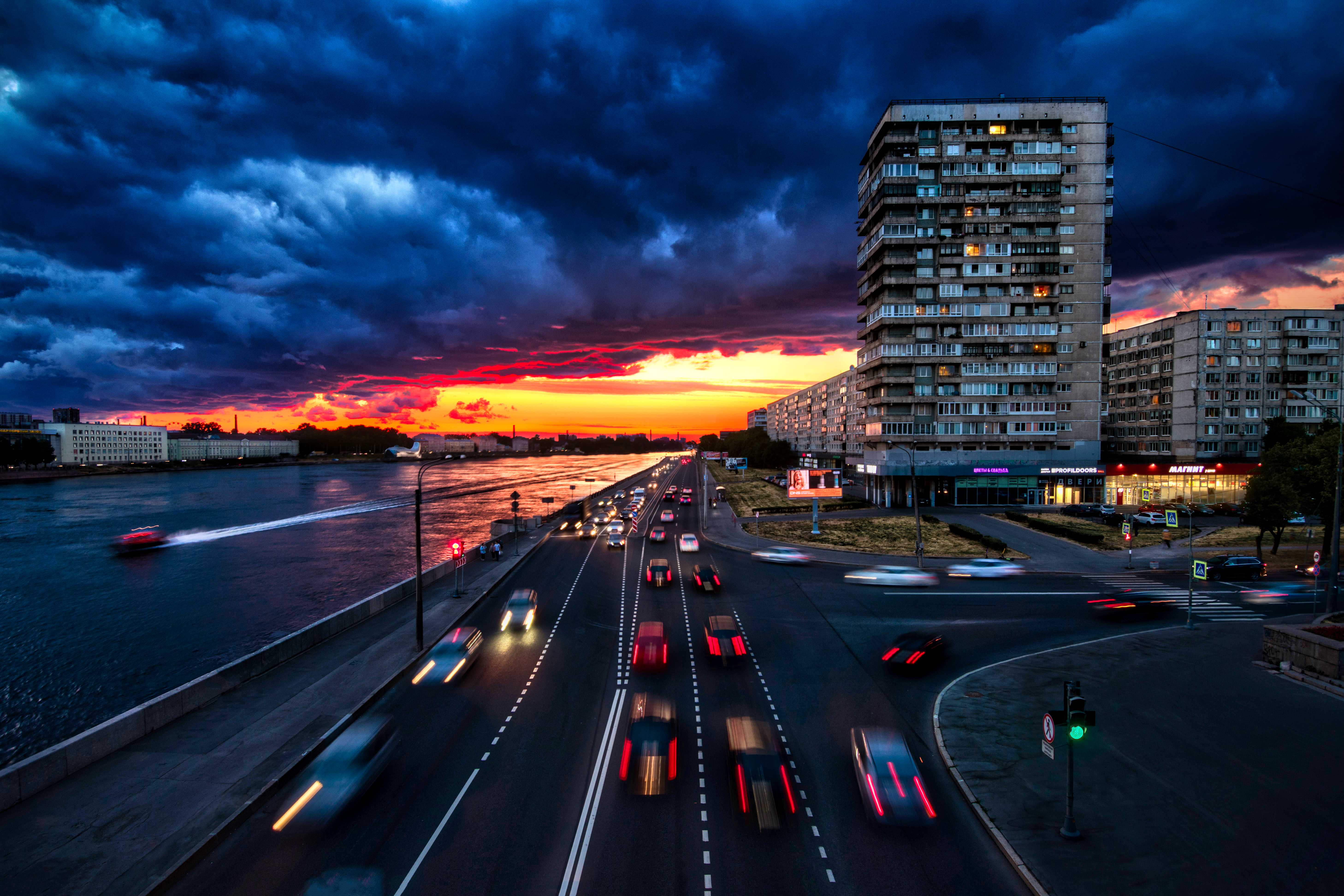 General 5830x3887 road urban city building water boat sunset night car lights Russia St. Petersburg