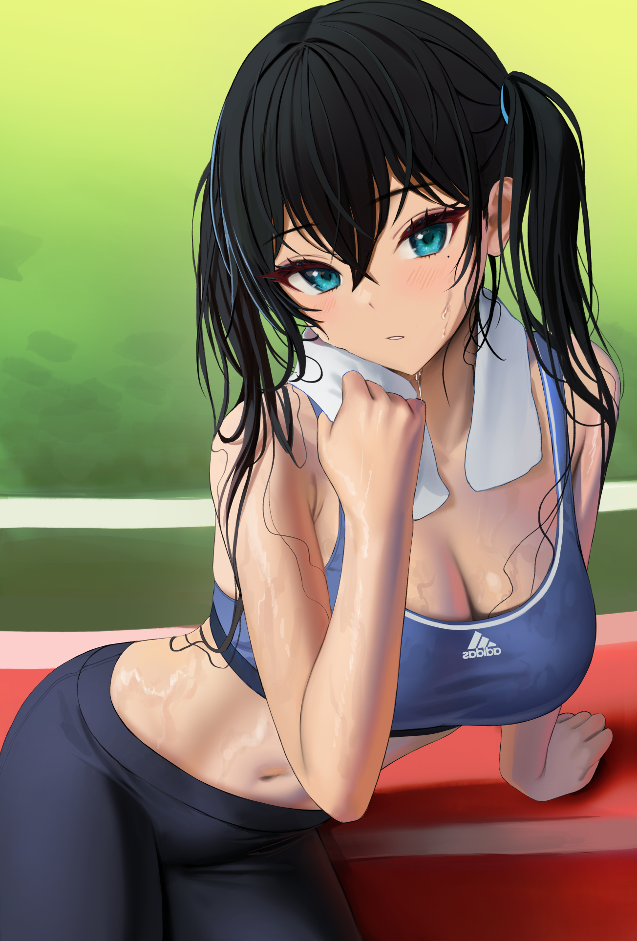 Anime 1304x1926 anime anime girls Tokkihouse artwork black hair twintails blue eyes sweat sportswear cleavage