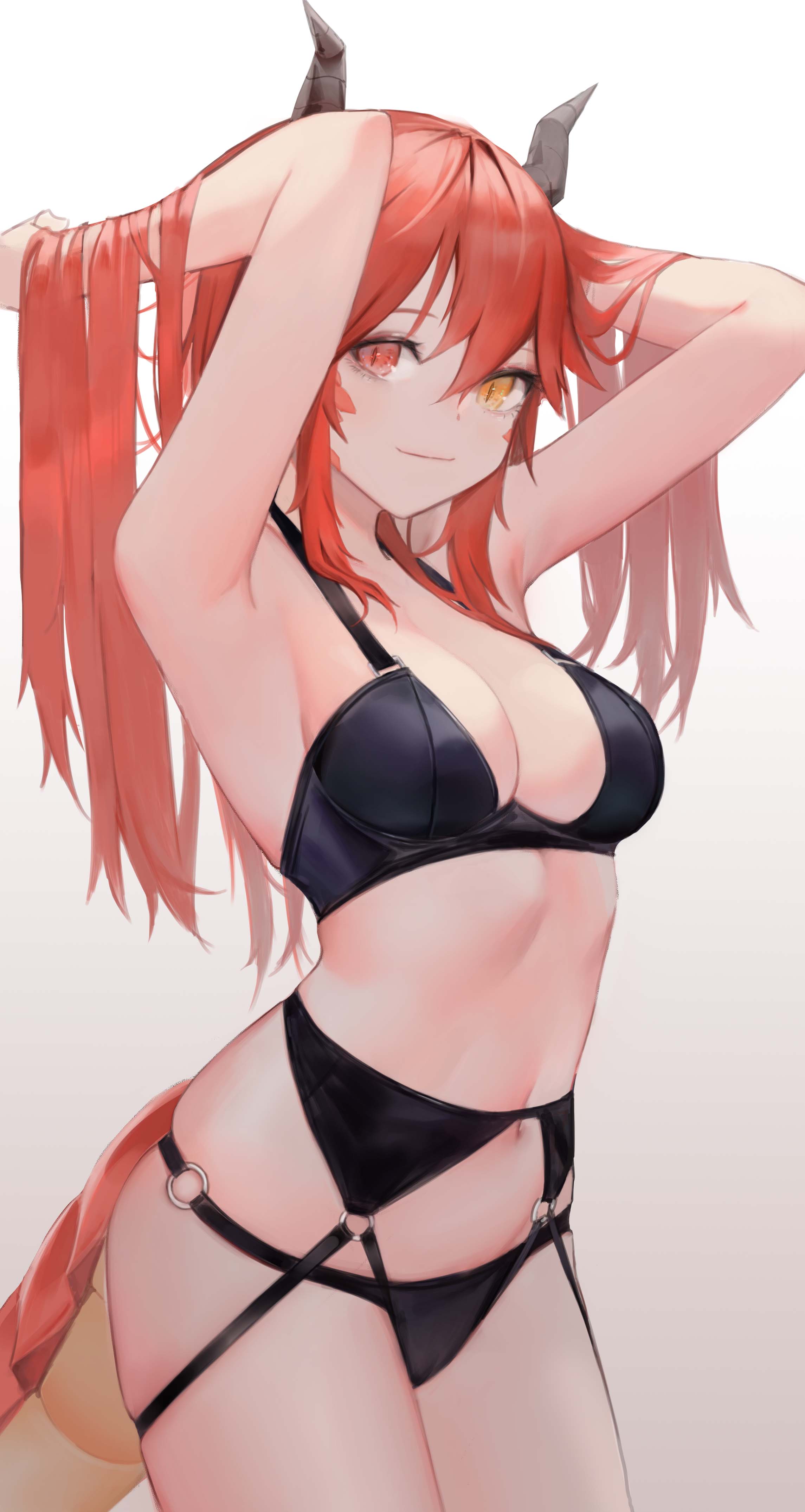 Anime 2290x4300 anime girls redhead boobs heterochromia cleavage underwear garter belt horns tail artwork Bbul Horn
