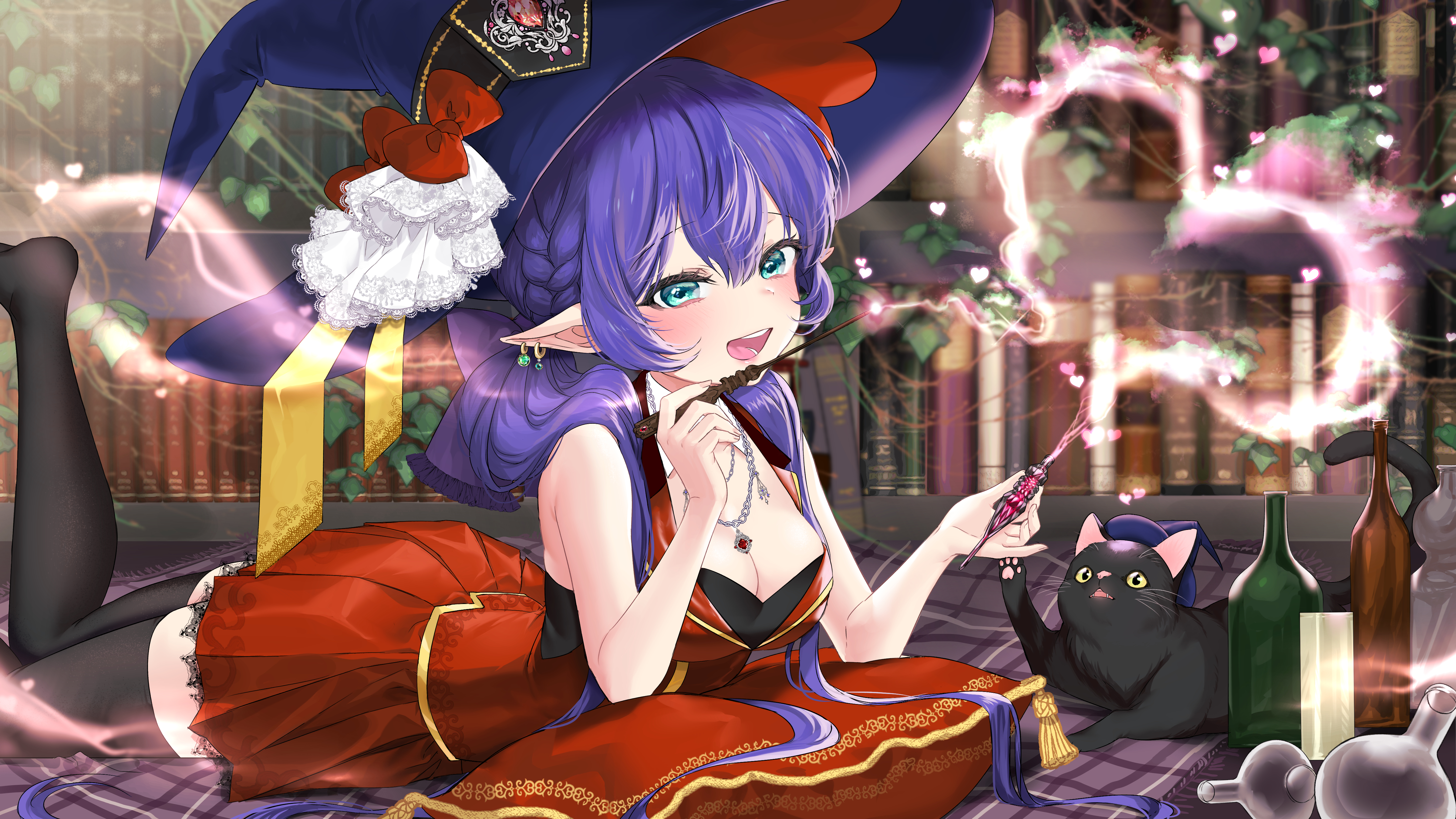 Anime 4800x2700 anime anime girls witch witch hat dress cleavage thigh-highs lying on front pointy ears cats
