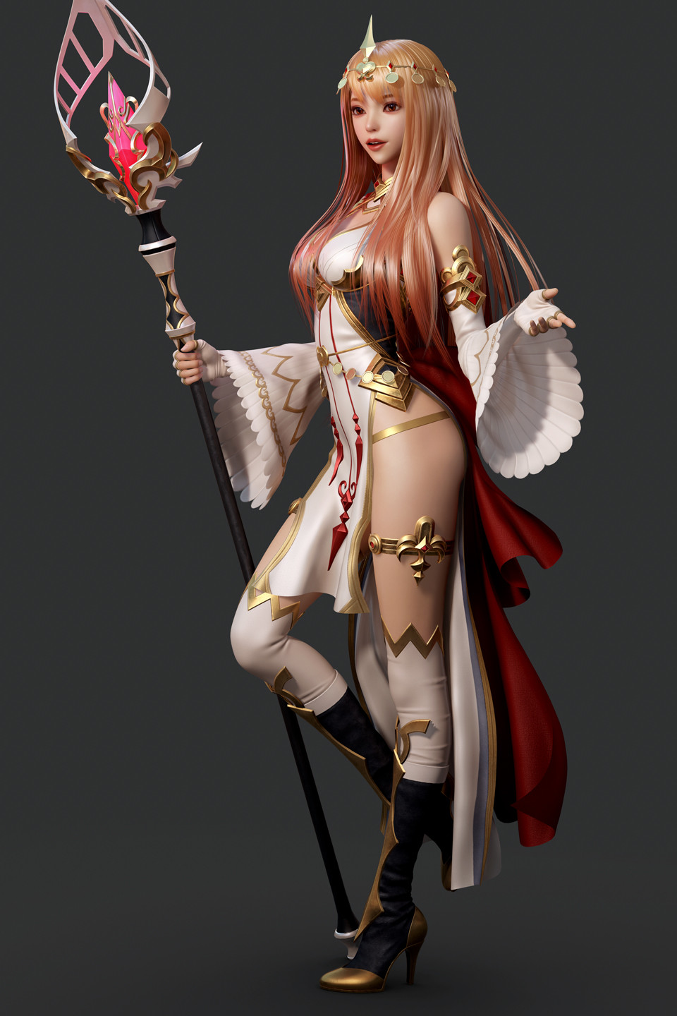 General 960x1440 Shin JeongHo CGI women blonde hair accessories dress straps weapon staff fantasy art