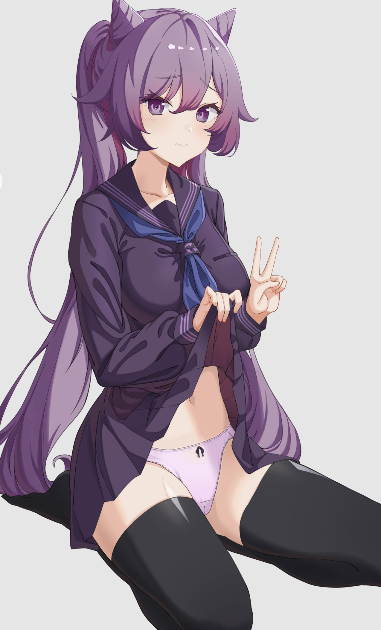 Anime 1274x2105 Genshin Impact Keqing (Genshin Impact) anime girls purple hair long hair purple eyes school uniform thigh-highs kneeling lifting skirt panties OA (artist)