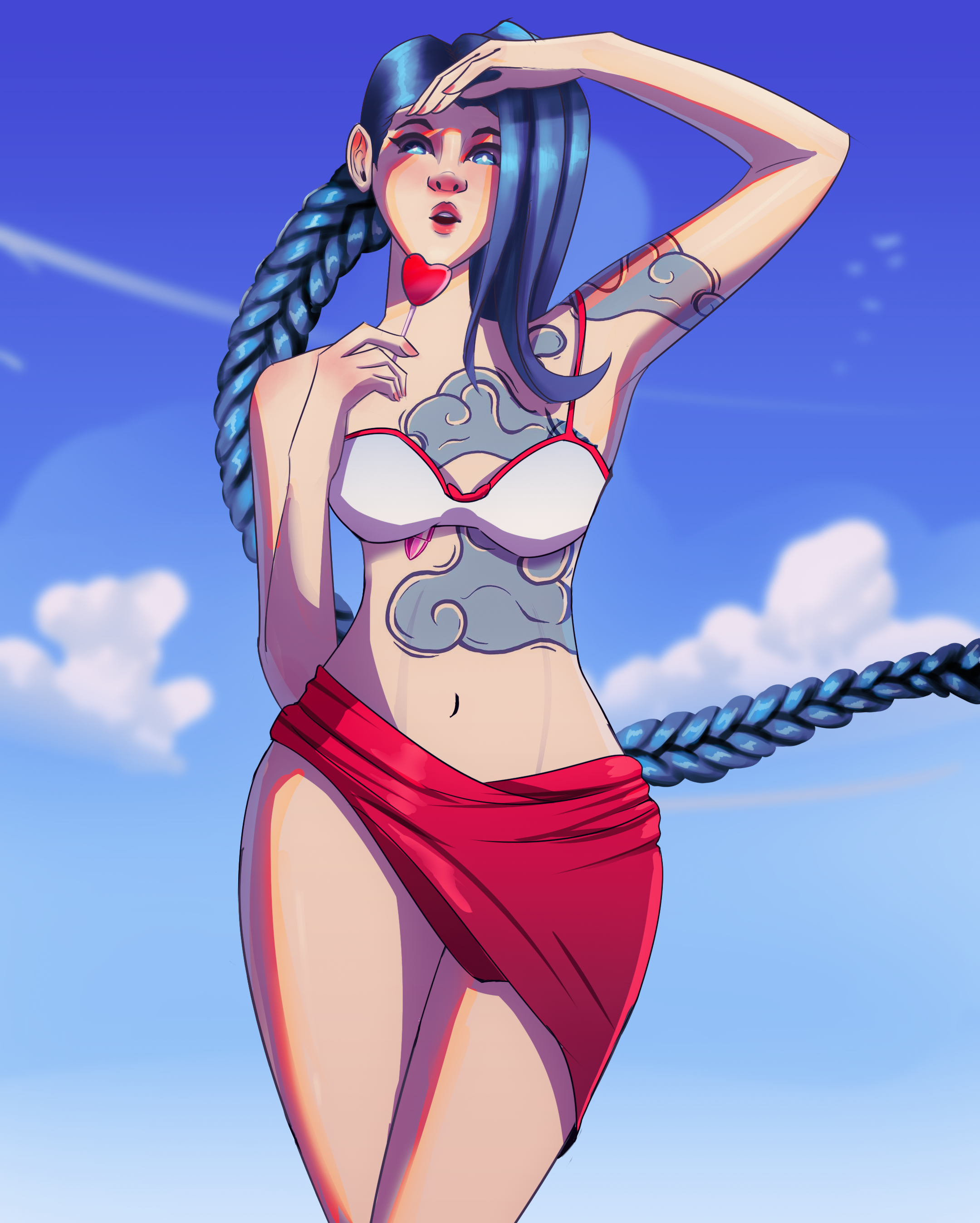 Anime 2160x2694 Jinx (League of Legends) Arcane bikini swimwear red swimsuit lollipop candy clouds long hair blue hair white bra tattoo