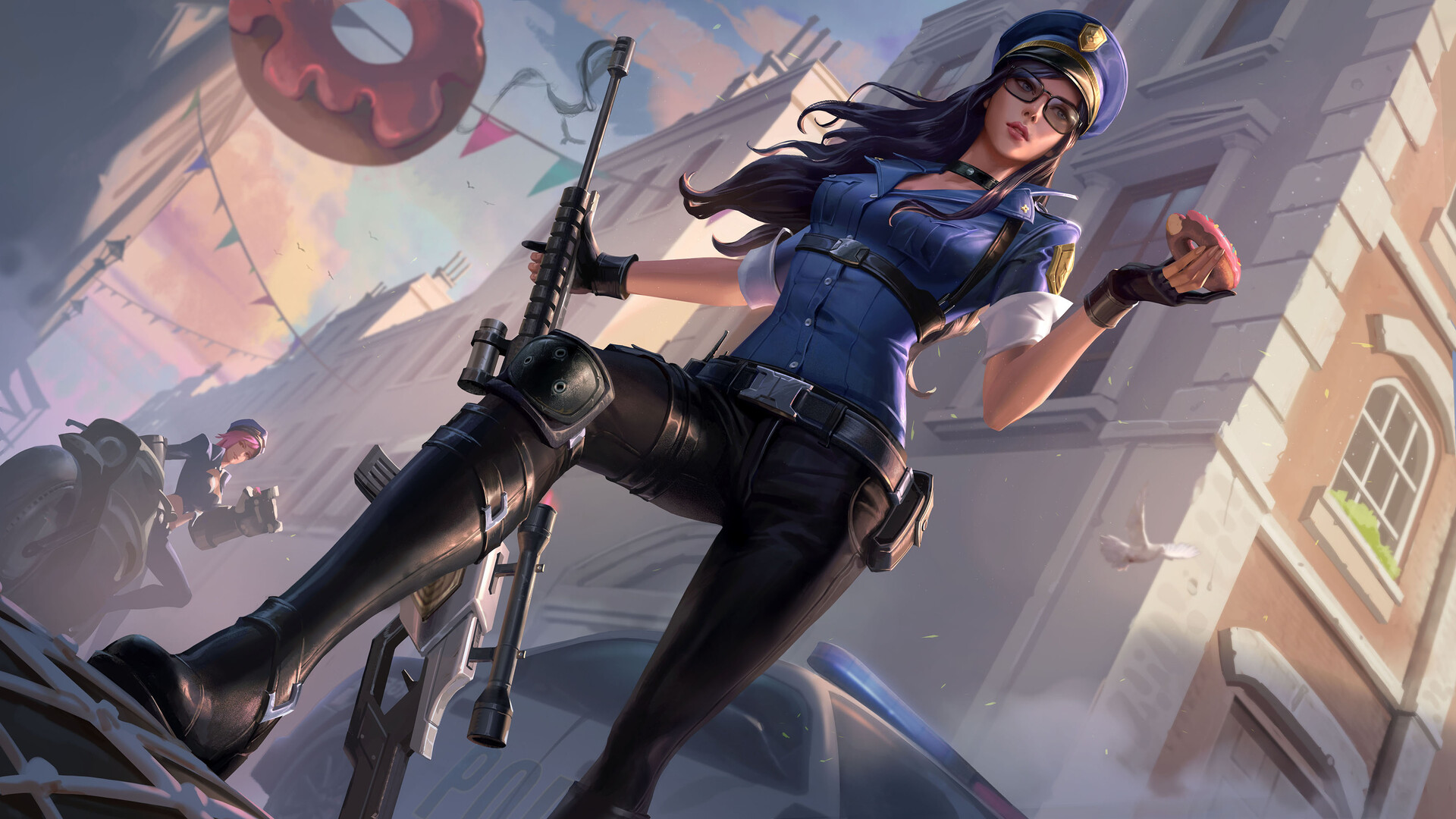 General 1920x1080 Edward Chee drawing League of Legends Caitlyn (League of Legends) women police costume low-angle weapon sniper rifle city Vi (League of Legends) donut digital art