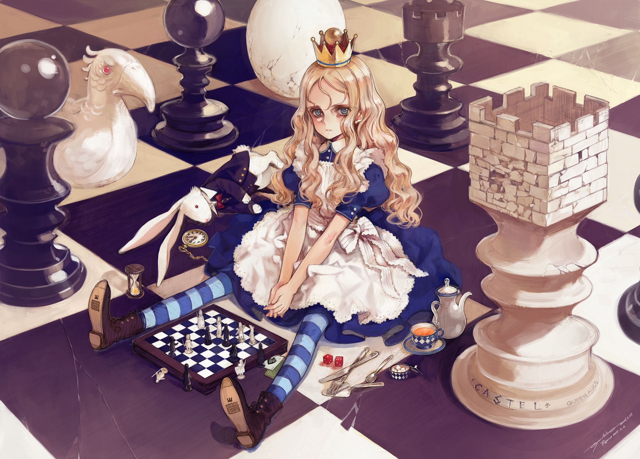 Anime 2048x1470 anime anime girls Oyari Ashito artwork Alice in Wonderland chess blonde blue eyes dress