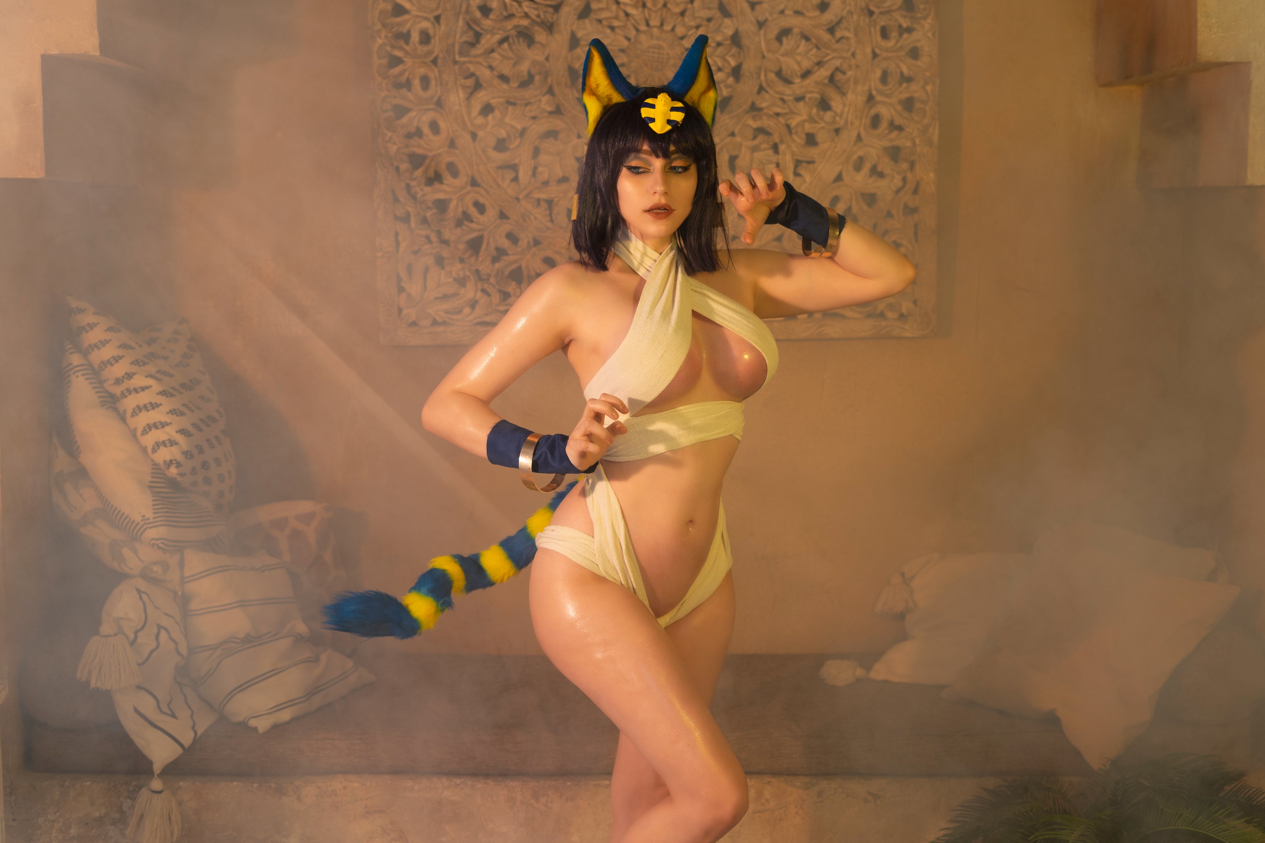 People 4096x2731 Alice Shultz women model cosplay Ankha Animal Crossing Nintendo video games skimpy clothes cat girl body oil indoors women indoors