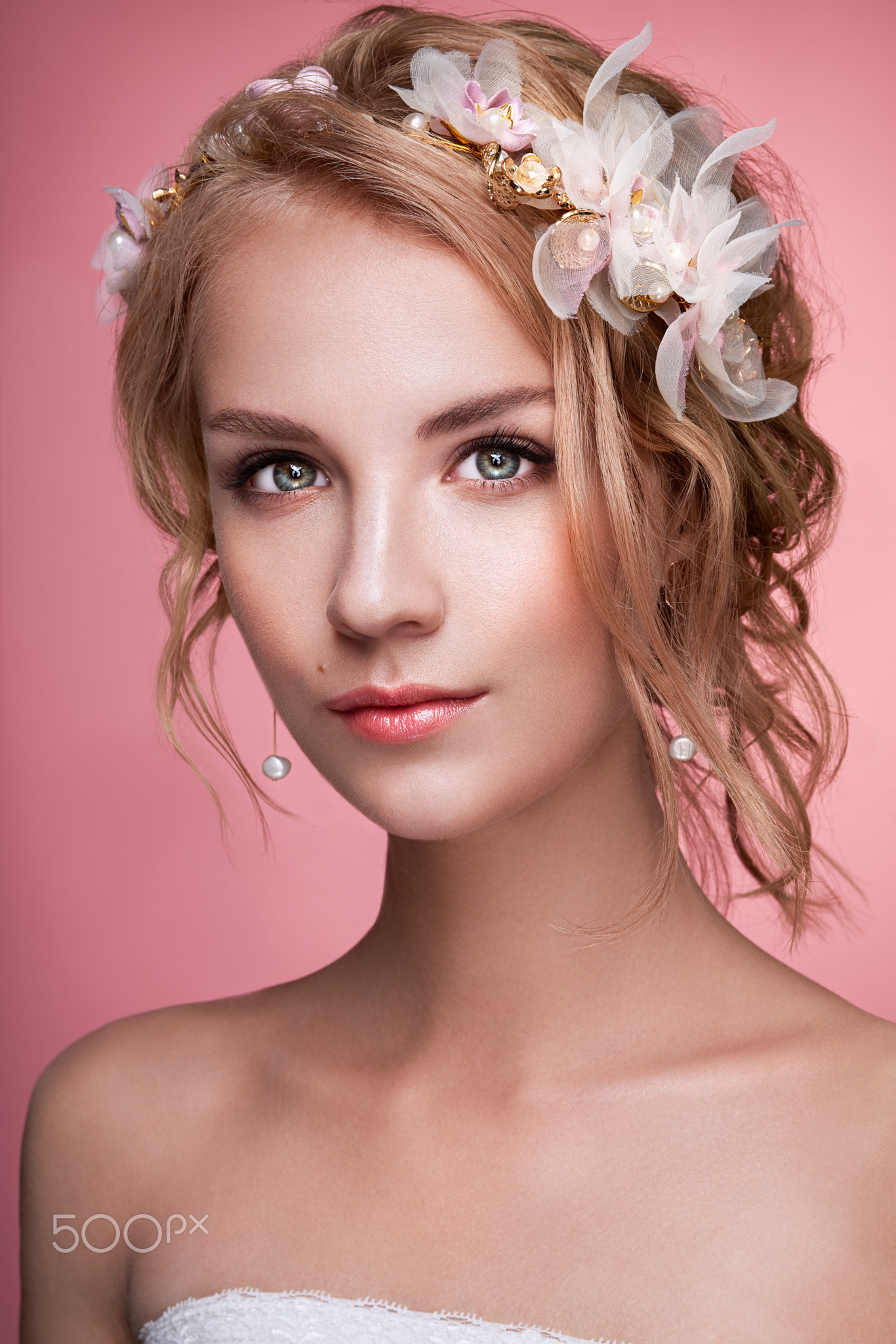 People 1366x2048 Oleg Gekman women blonde makeup hair accessories glamour bare shoulders portrait simple background pink background highlighter moles face