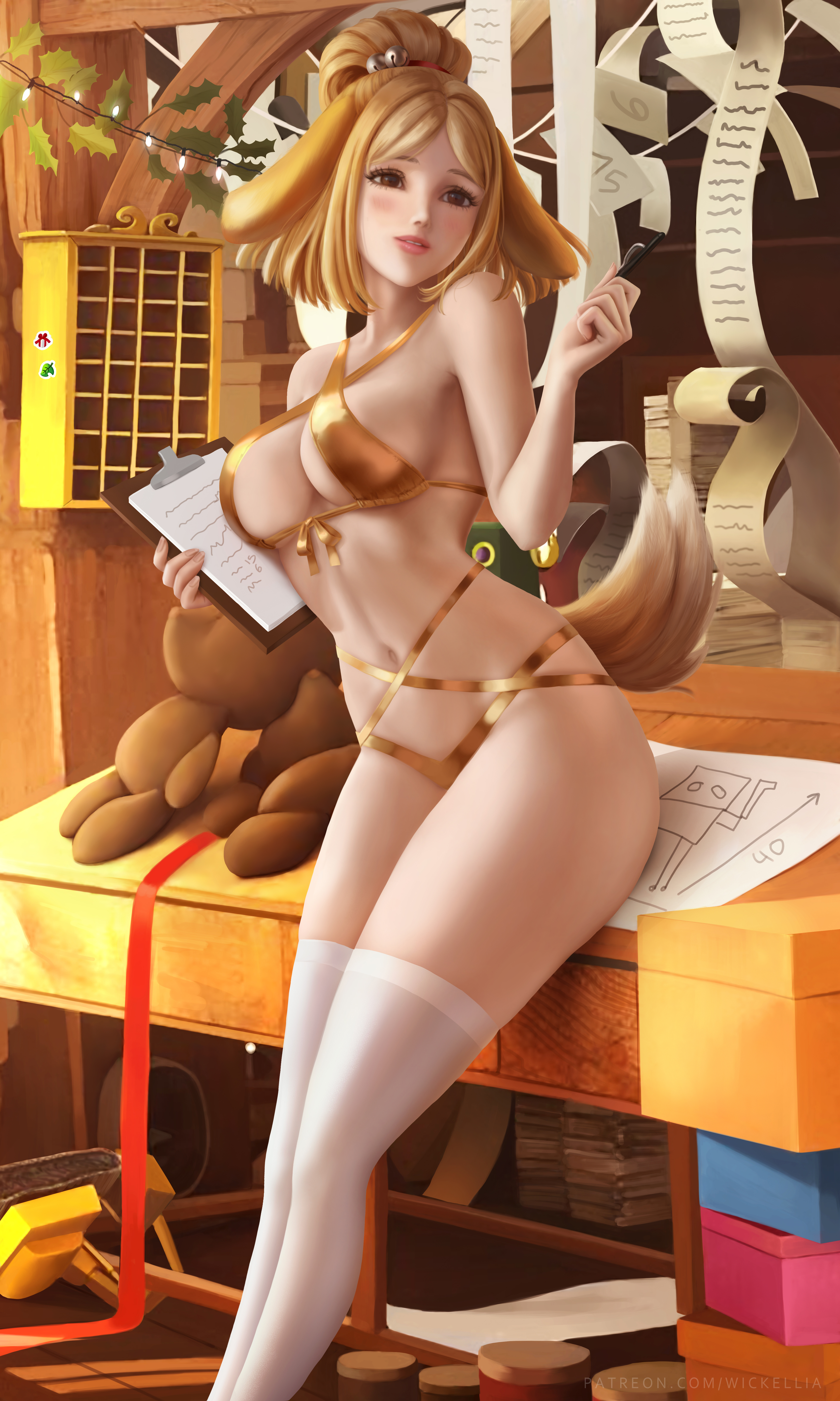 General 3900x6500 illustration artwork digital art fan art drawing fantasy girl fantasy art Wickellia video games video game girls video game art video game characters women Isabelle (Animal Crossing) Animal Crossing Nintendo tail lingerie belly belly button short hair thigh-highs cleavage white stockings