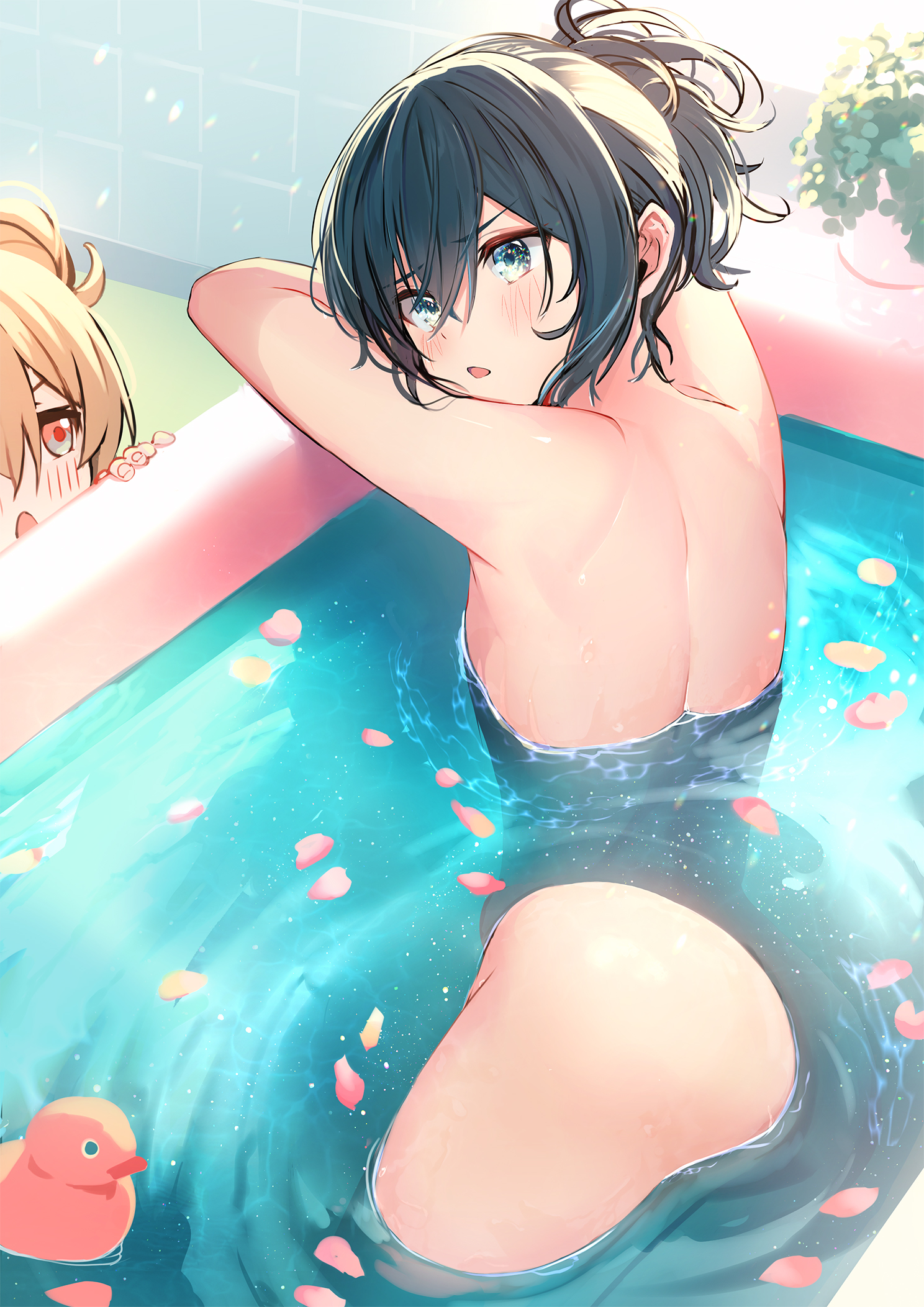 Anime 1488x2105 anime anime girls digital art artwork 2D portrait display Kagawa Ichigo black hair blushing in bathtub petals nude small boobs