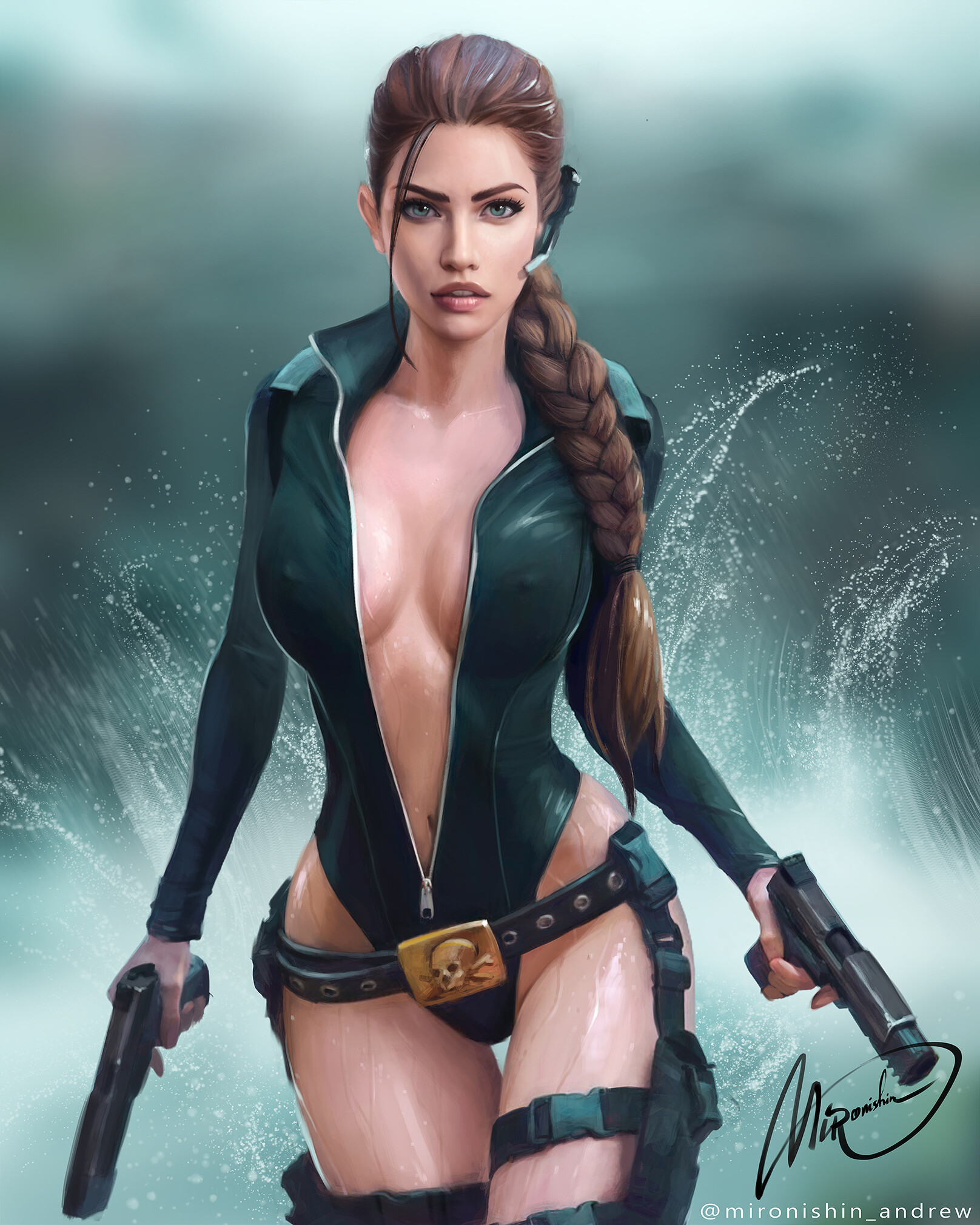 General 1616x2020 Tomb Raider video game art fan art Mironishin Story Lara Croft (Tomb Raider) video games video game characters girls with guns brunette gun weapon nipple bulge braids