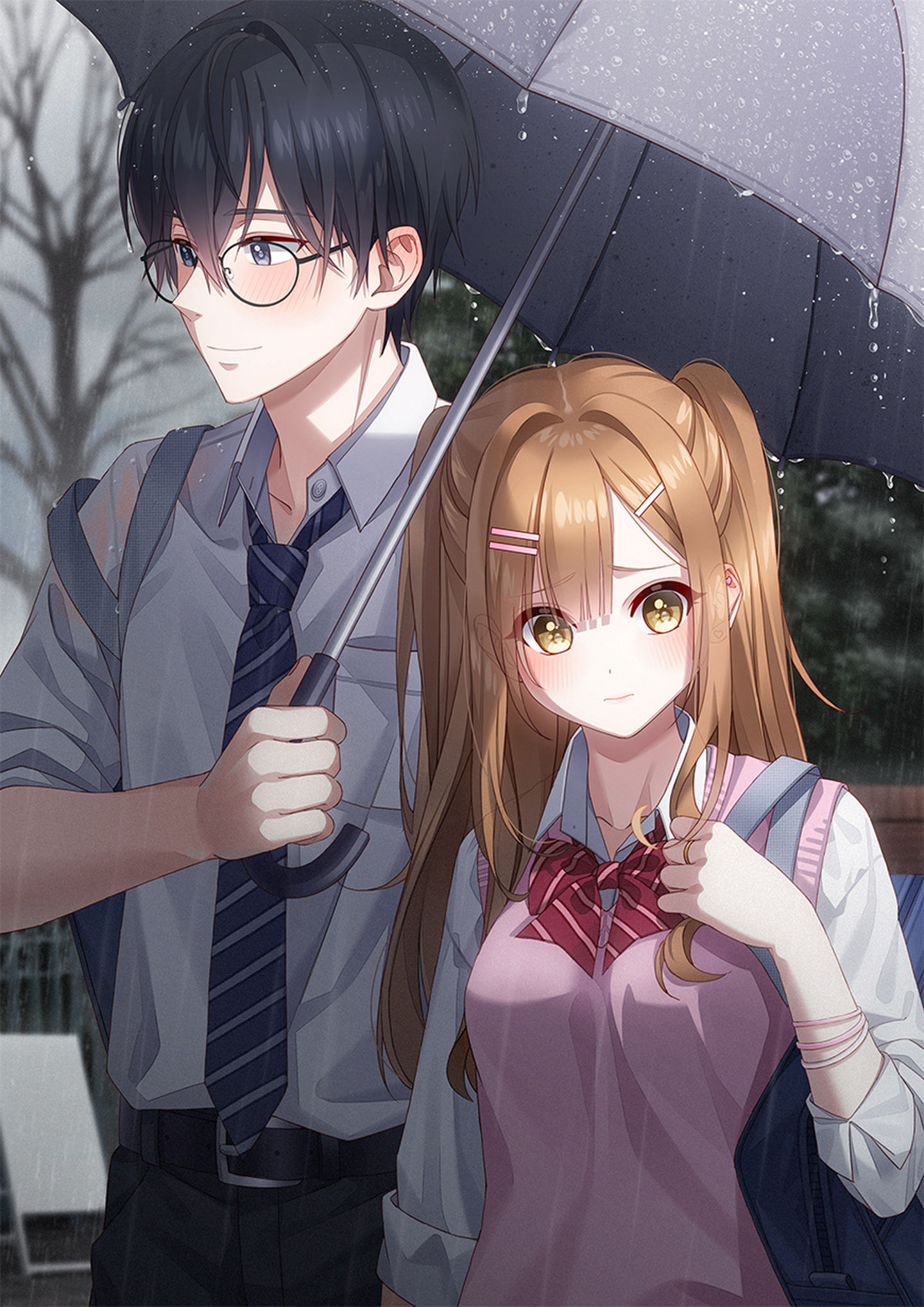 Anime 1440x2036 anime anime boys anime girls UnJem brunette school uniform portrait display umbrella rain