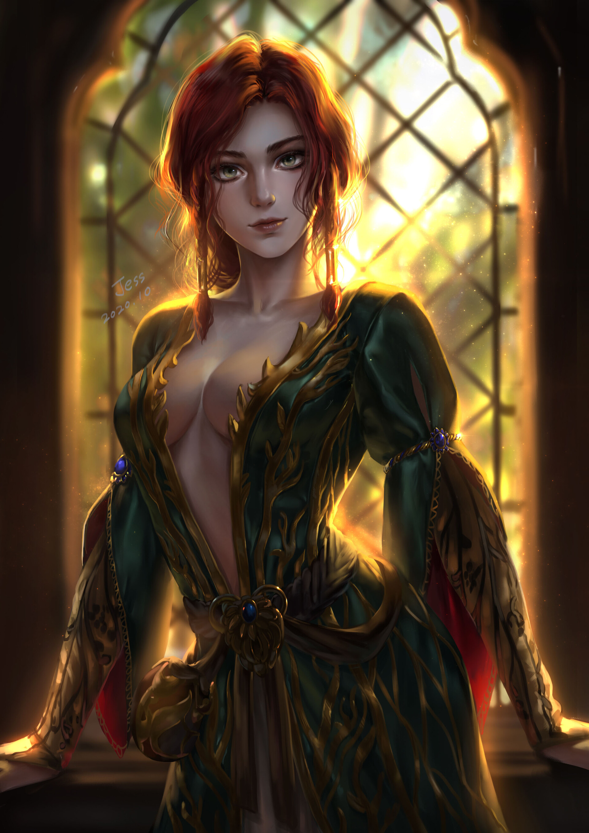 General 1920x2716 Triss Merigold The Witcher The Witcher 3: Wild Hunt drawing fantasy girl cleavage redhead video game characters digital art watermarked window portrait display