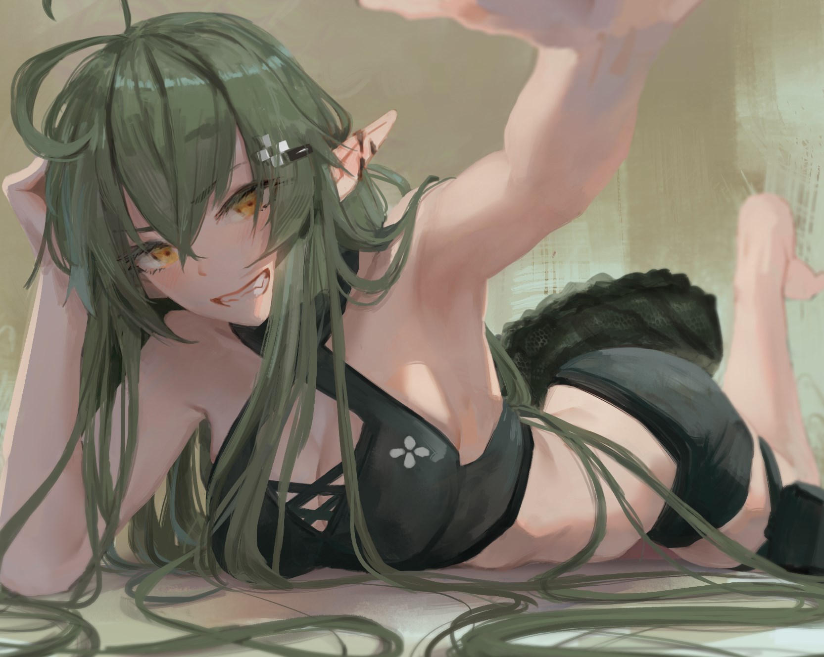 Anime 1665x1328 anime anime girls Noccu cleavage big boobs simple background Arknights Gavial (Arknights) green hair pointy ears