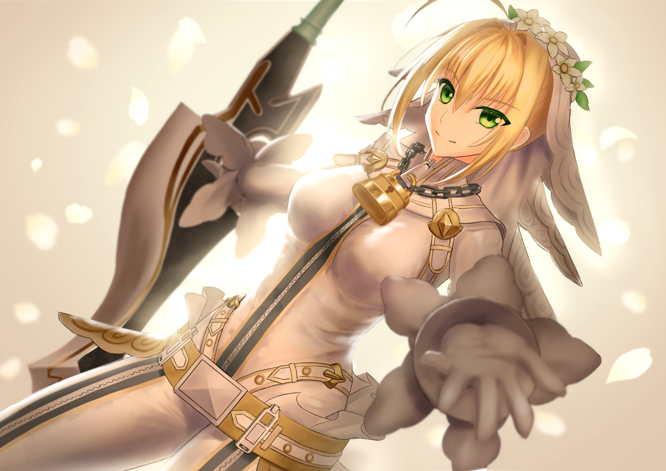 Anime 2277x1613 anime anime girls Fate series Fate/Extra Fate/Extra CCC Fate/Grand Order Nero Claudius Saber Bride long hair blonde solo artwork digital art fan art green eyes petals