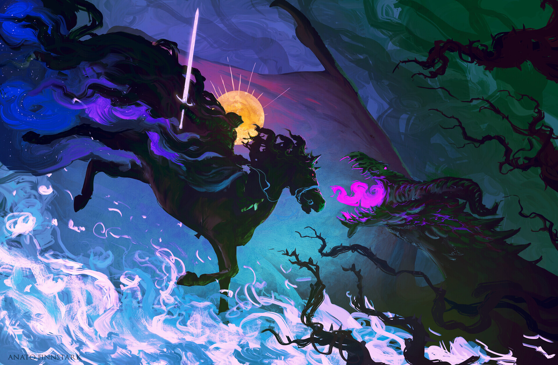 General 1920x1255 artwork digital art knight horse fantasy art dragon Anato Finnstark