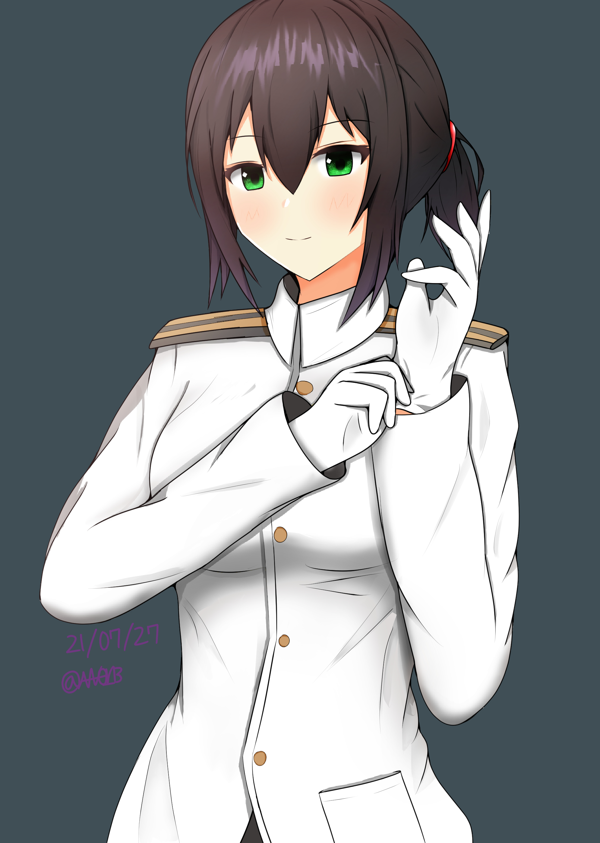 Anime 1990x2794 anime anime girls Kantai Collection Fubuki (KanColle) ponytail brunette solo artwork digital art fan art simple background uniform hair in face green eyes gloves looking at viewer