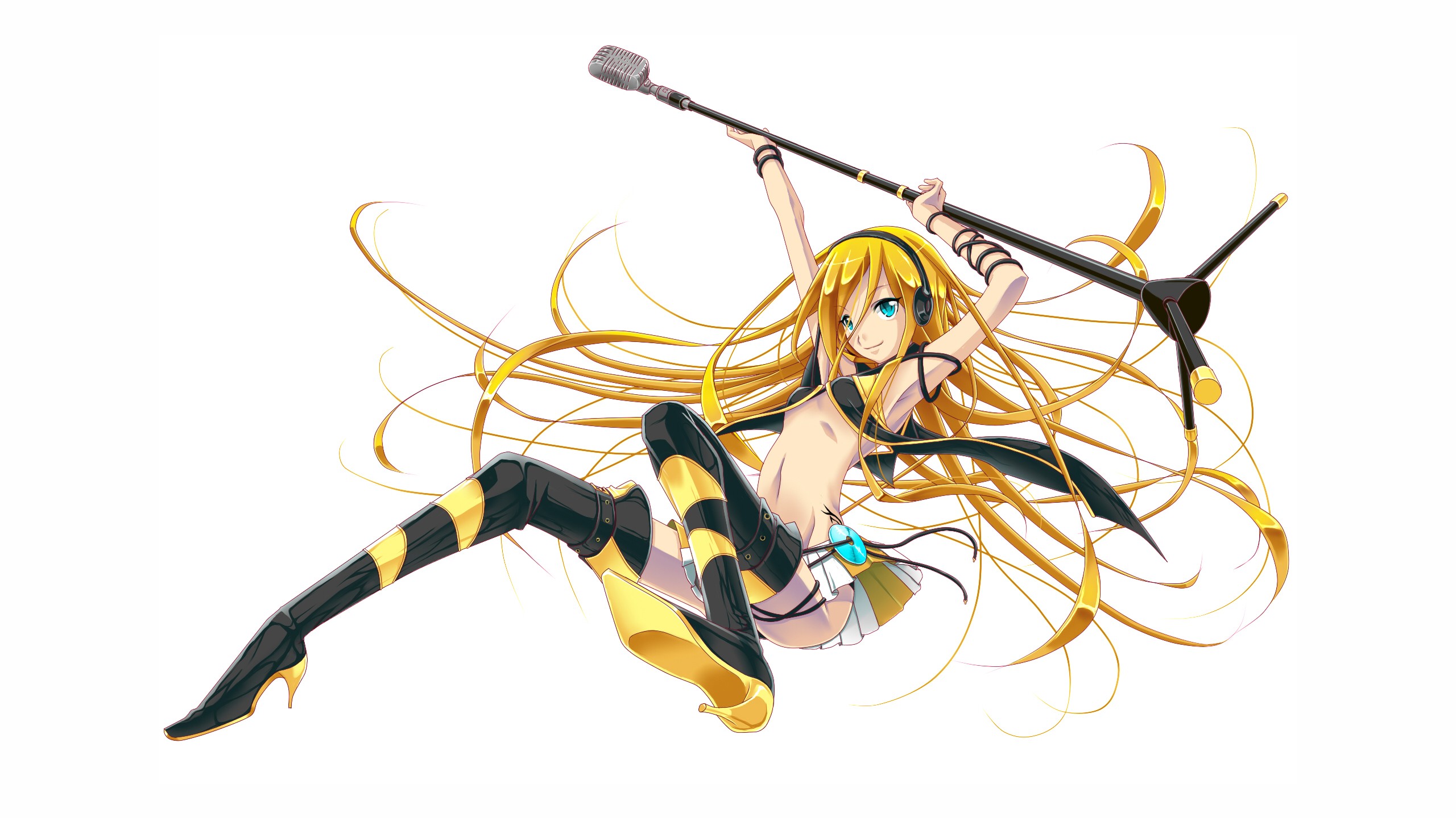 Anime 2560x1440 Vocaloid Lily (Vocaloid) anime girls simple background long hair blue eyes skirt blonde thigh-highs headphones belly button microphone