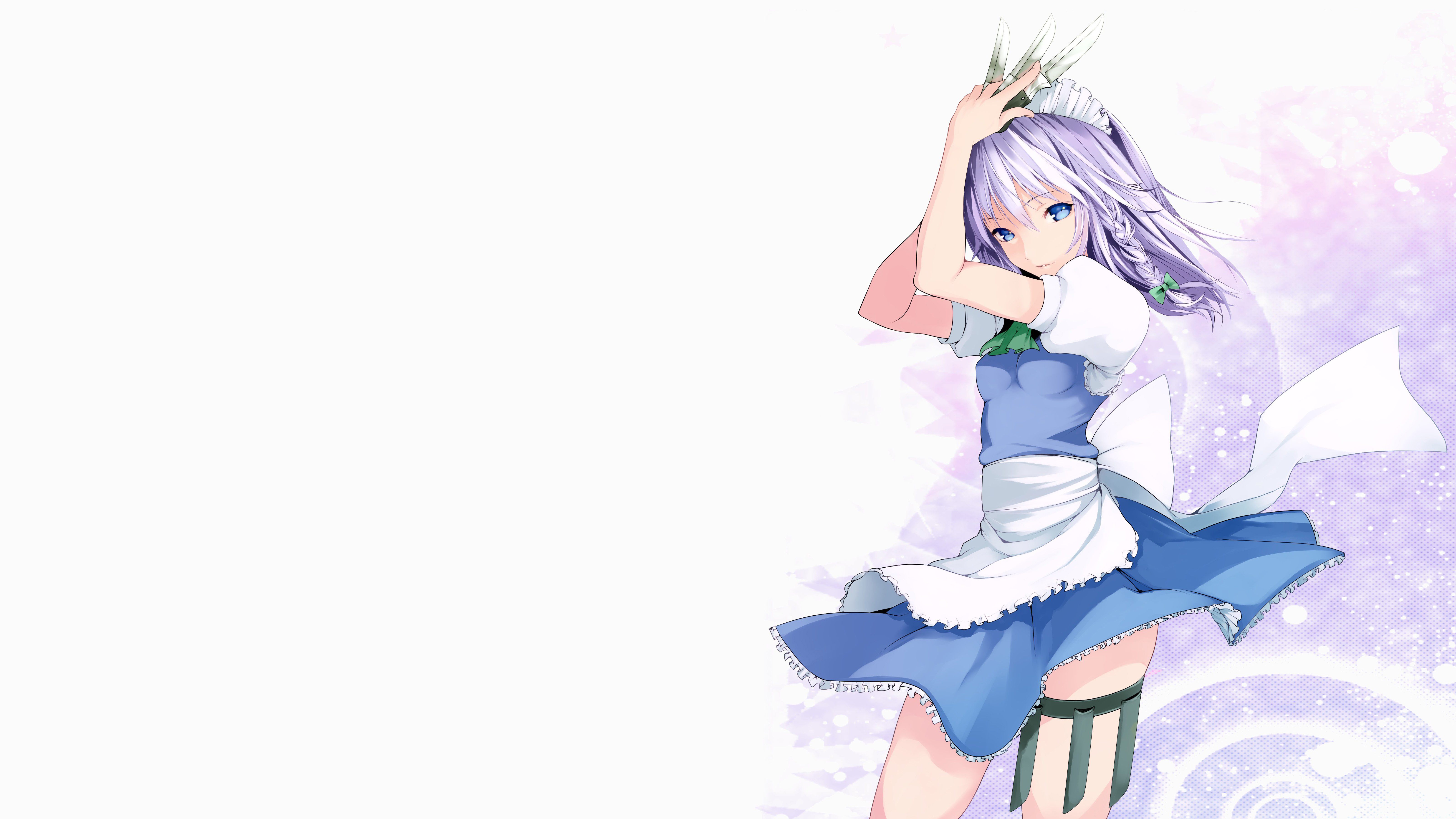 Anime 6400x3600 Touhou simple background Izayoi Sakuya gray hair short hair blue eyes maid weapon knife standing hair between eyes maid outfit anime girls parted lips short sleeves frills bright background skinny apron legs thigh strap ribbon hair bows