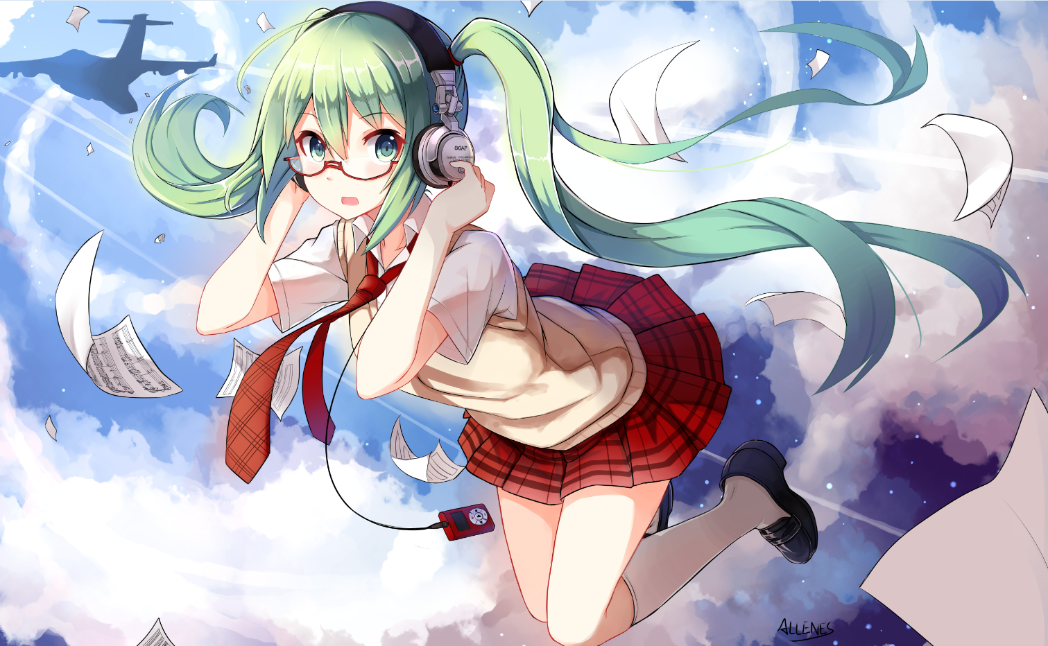 Anime 1511x932 anime anime girls green hair long hair headphones green eyes glasses school uniform