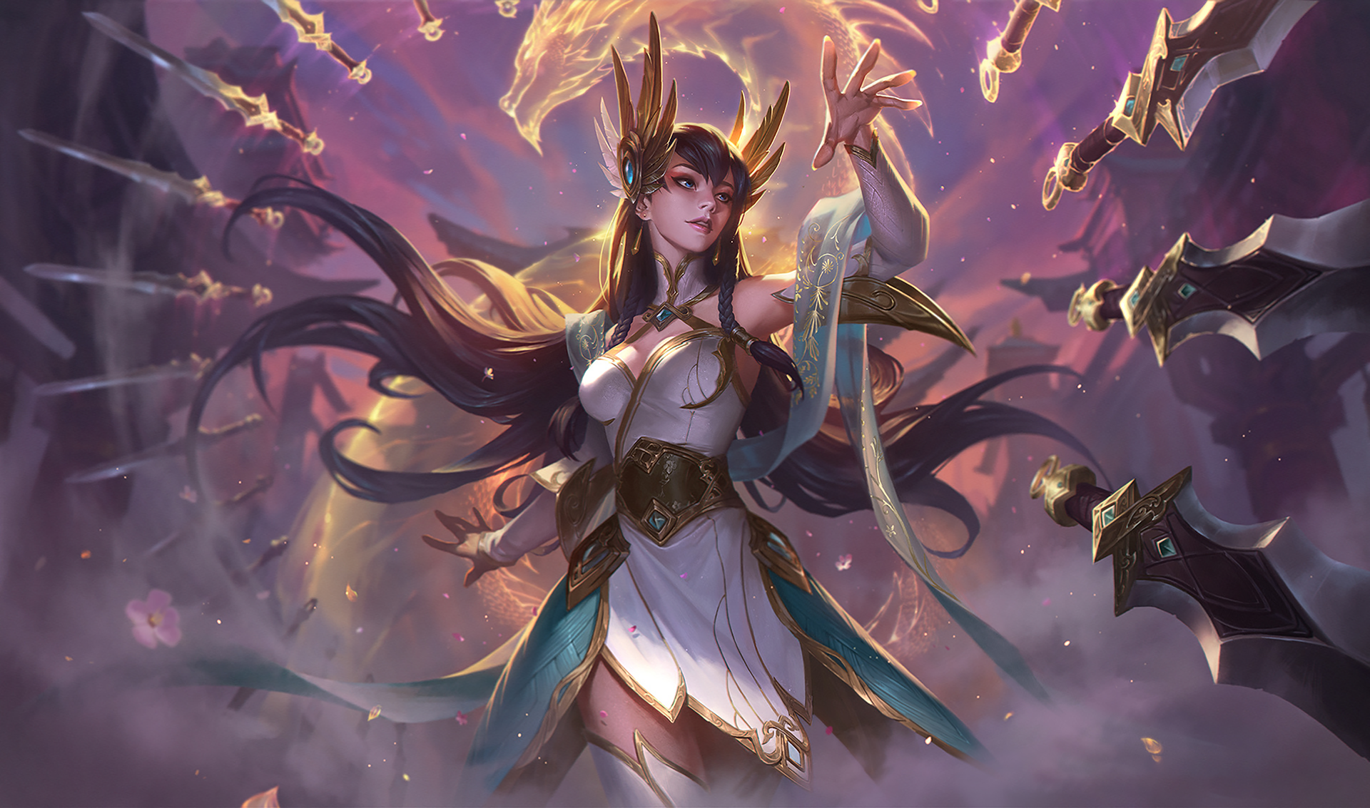 General 1920x1133 Chenbo fantasy art fantasy girl armor weapon long hair sword dress black hair braids blue eyes dragon sky League of Legends Irelia (League of Legends)