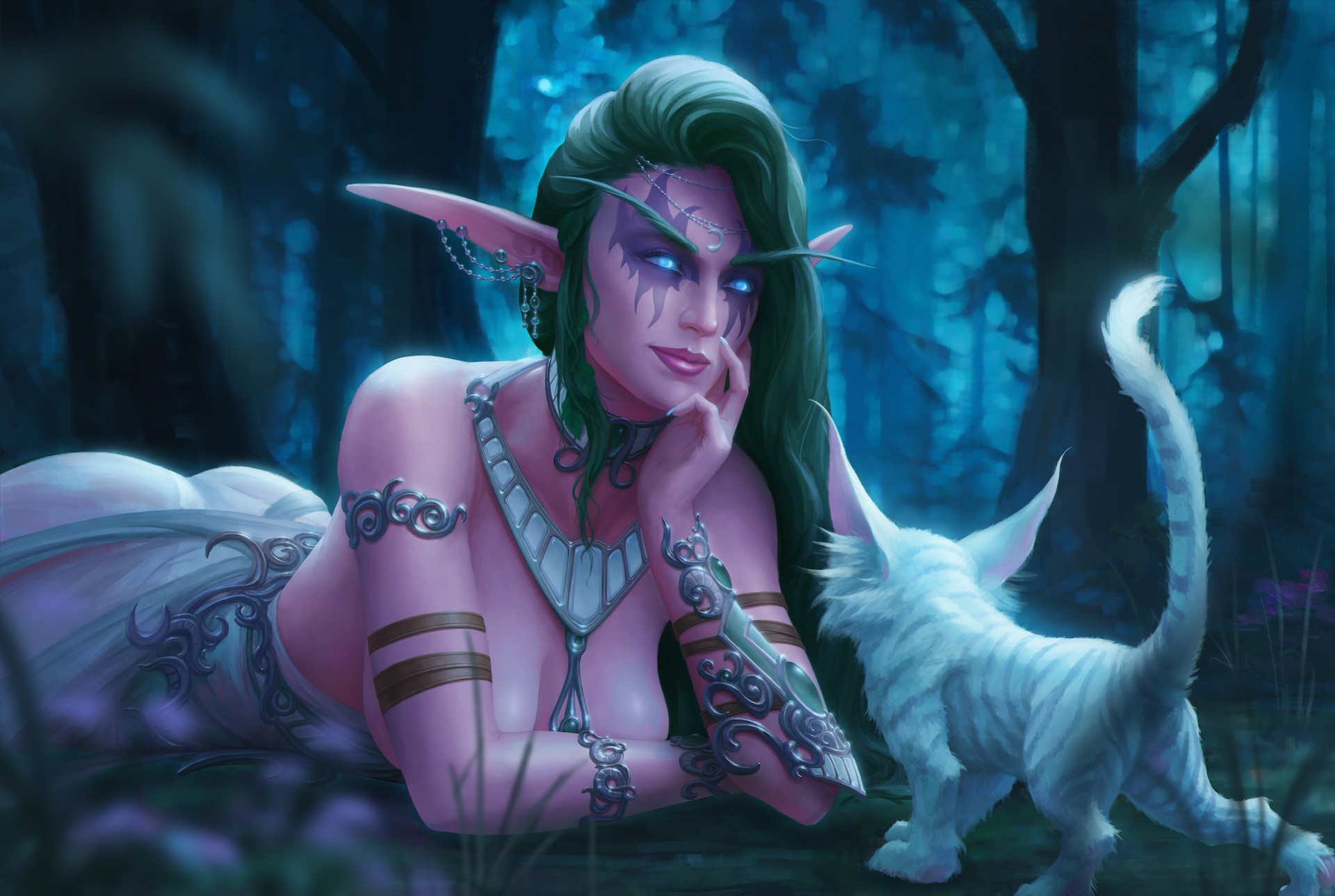 General 1920x1289 night elves big boobs fantasy art fantasy girl World of Warcraft illustration Tyrande Whisperwind blue eyes green hair digital art
