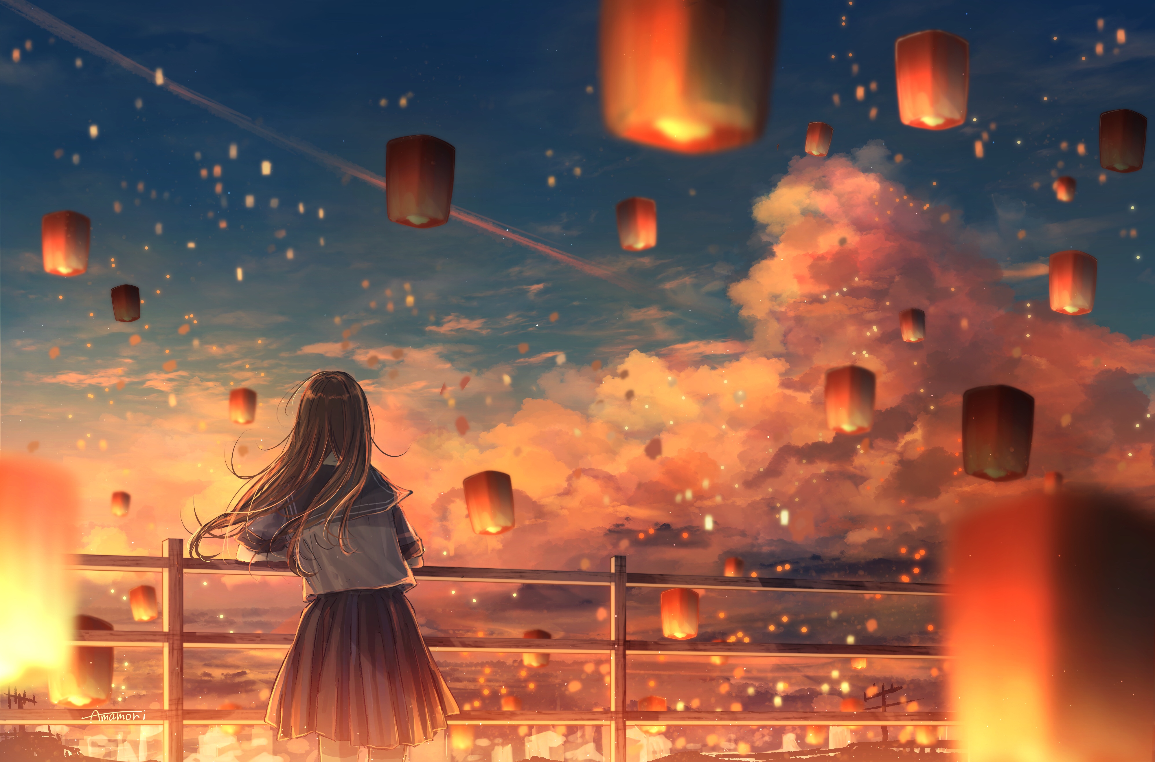 Anime 3992x2632 anime anime girls sunset sky lanterns night lanterns brunette school uniform clouds landscape Amenomori Howa sky artwork