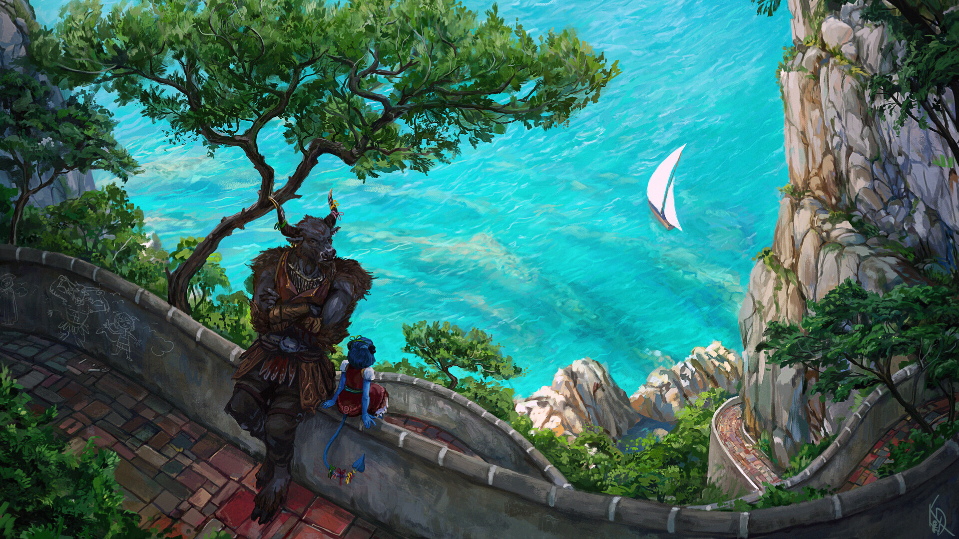 General 1920x1080 digital art trees water sailboats tail Minotaur road high angle Critical Role