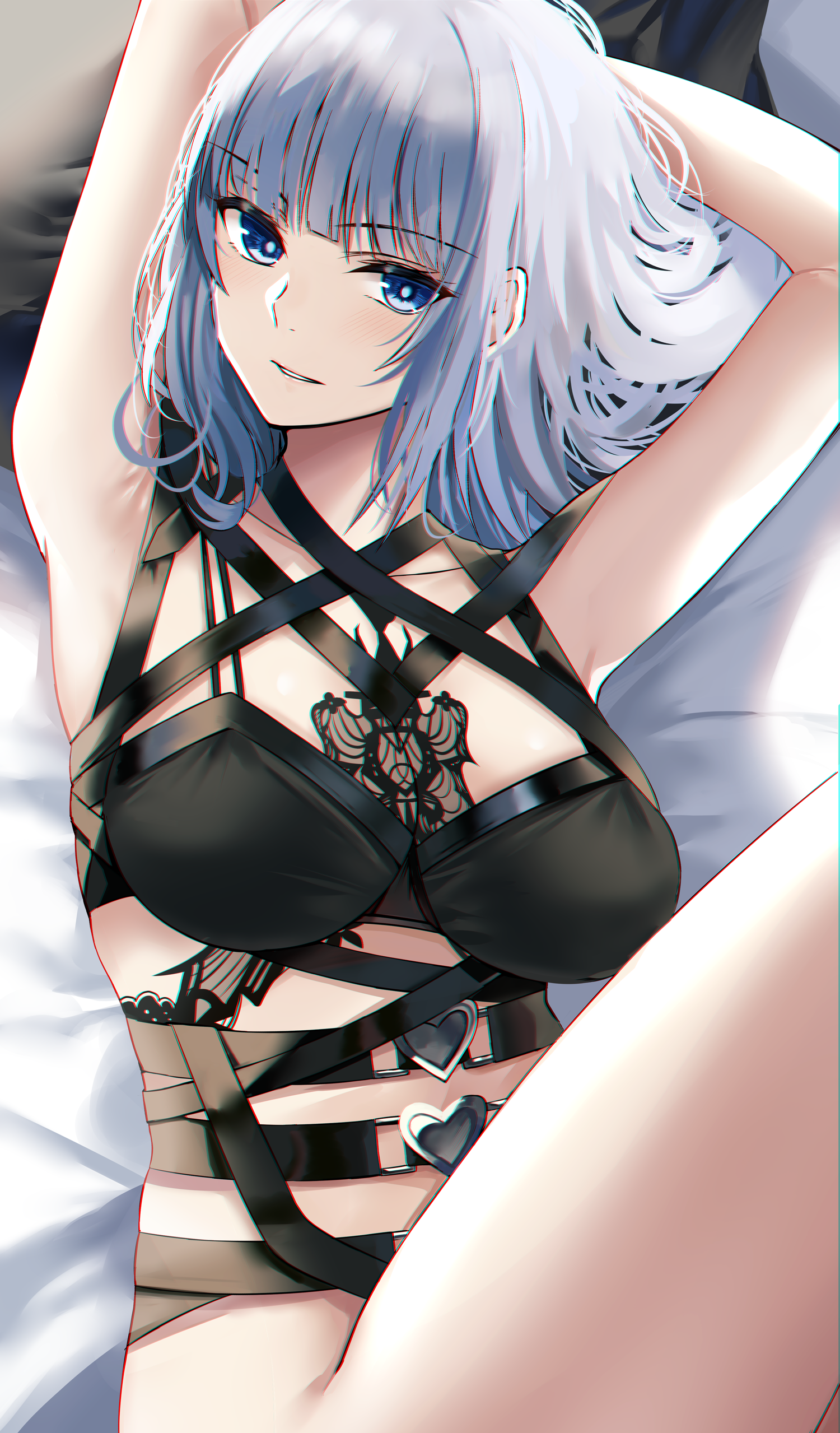 Anime 1500x2558 anime anime girls digital art artwork 2D portrait display blue hair blue eyes bra bottomless in bed Nicky W body harness