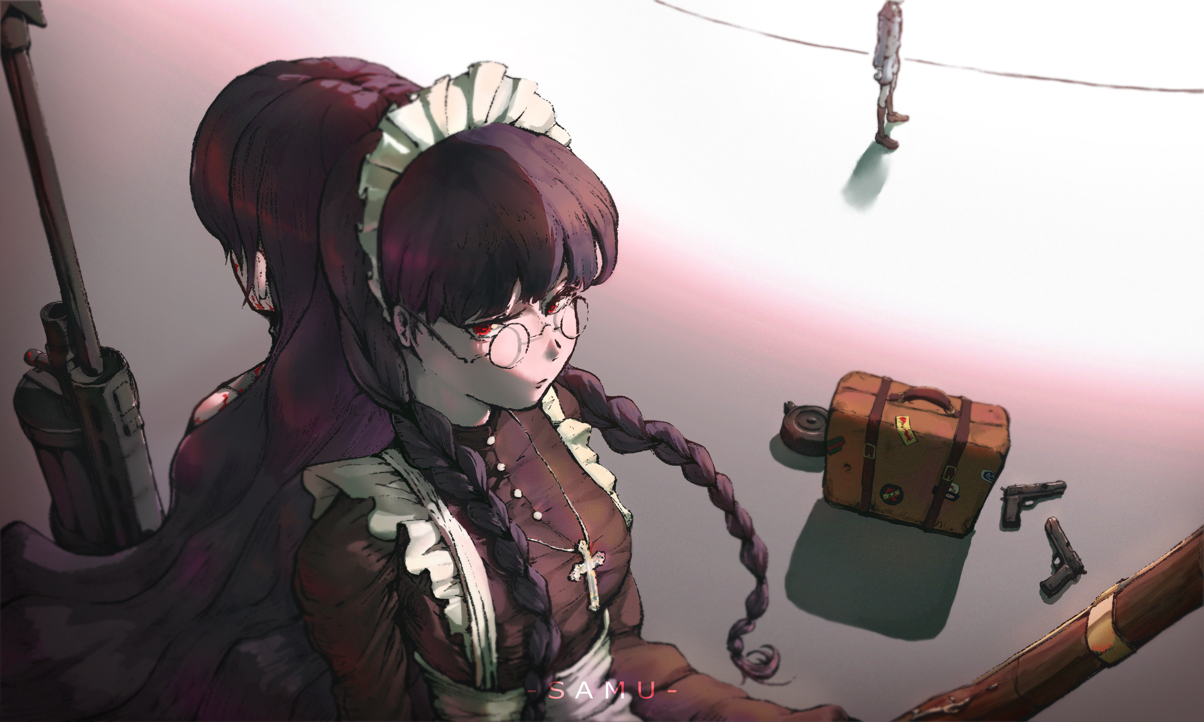 Anime 5000x3000 Black Lagoon female soldier big boobs girls with guns assault rifle braided hair long hair purple hair anime girls maid outfit 2D anime Roberta fan art looking at viewer women with glasses holy rosary high angle anime boys Roberta (Black Lagoon)