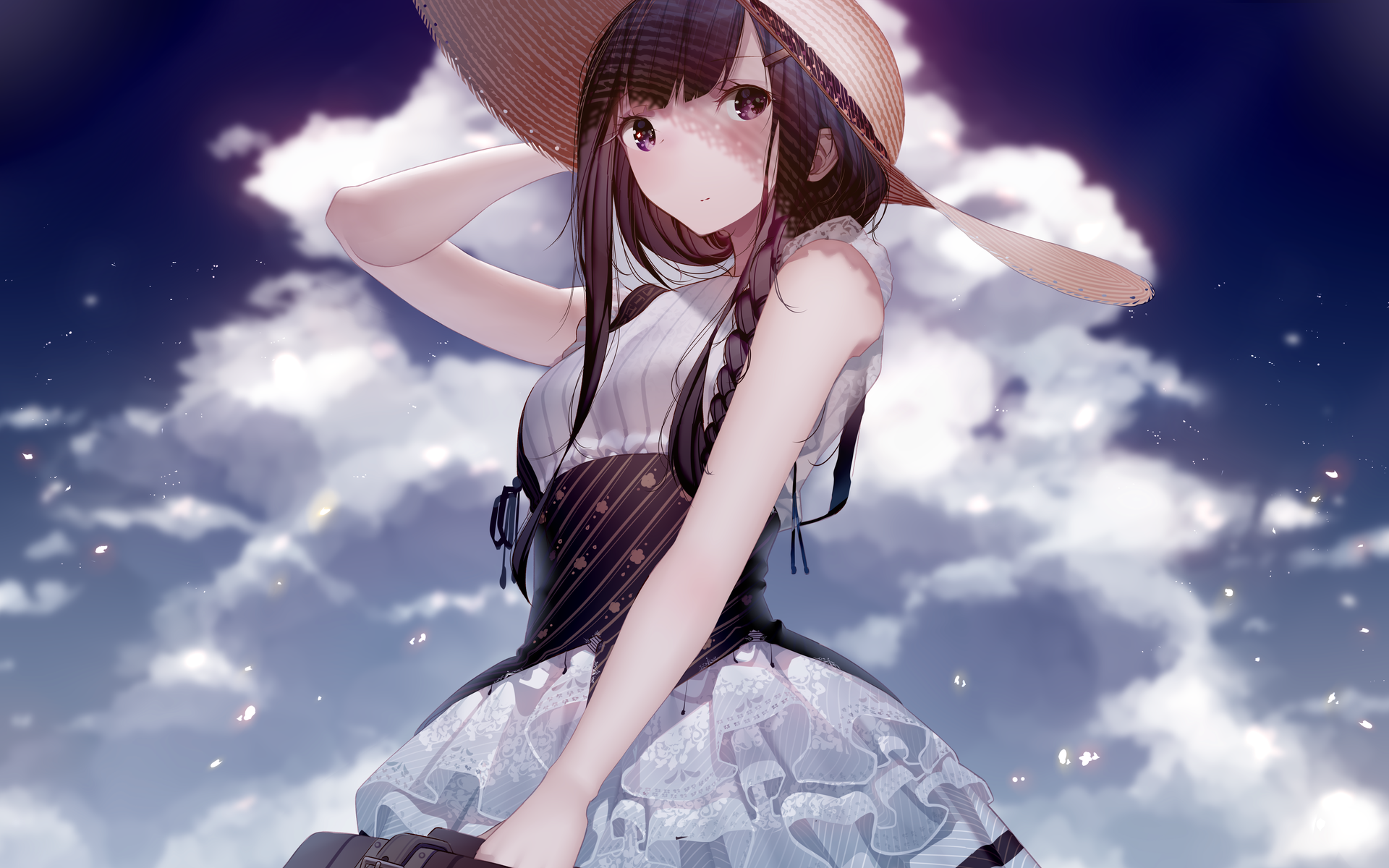 Anime 1920x1200 anime girls anime original characters brunette long hair braids straw hat dress portrait looking at viewer clouds sky artwork digital art drawing illustration Atha Pixiv standing