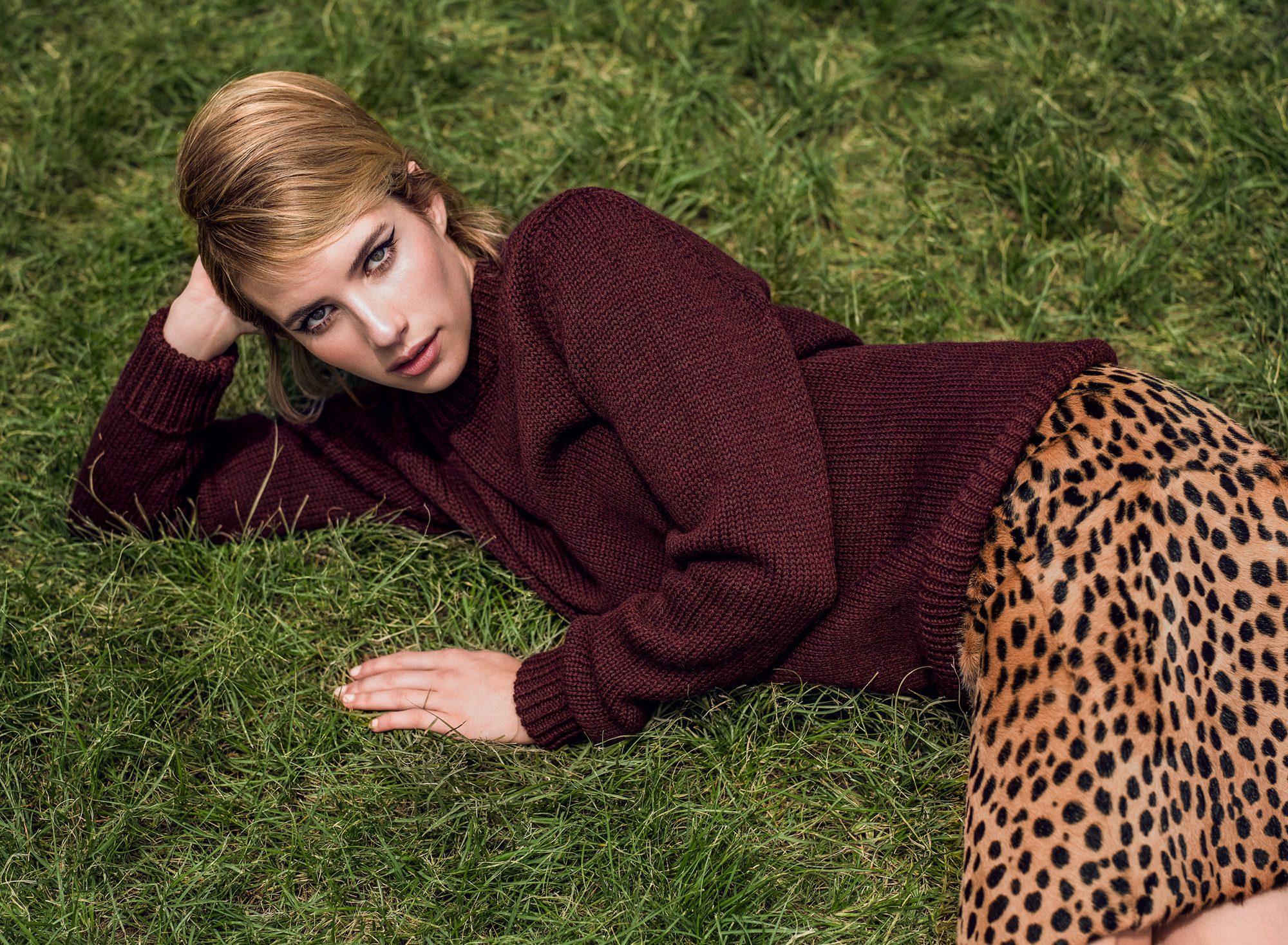 People 2000x1468 Emma Roberts women actress green eyes grass lying down lying on side American women women outdoors sweater red sweater skirt makeup dyed hair looking at viewer