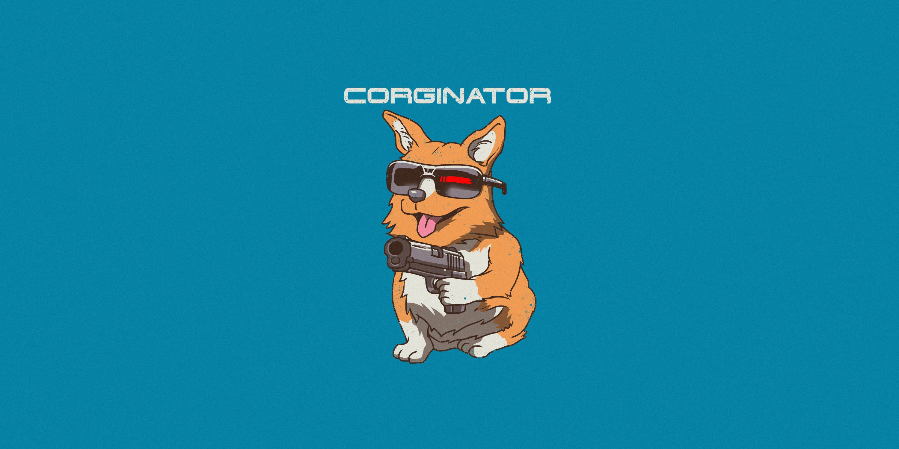 General 3000x1500 simple background blue background humor dog animals gun weapon tongue out blue Corgi