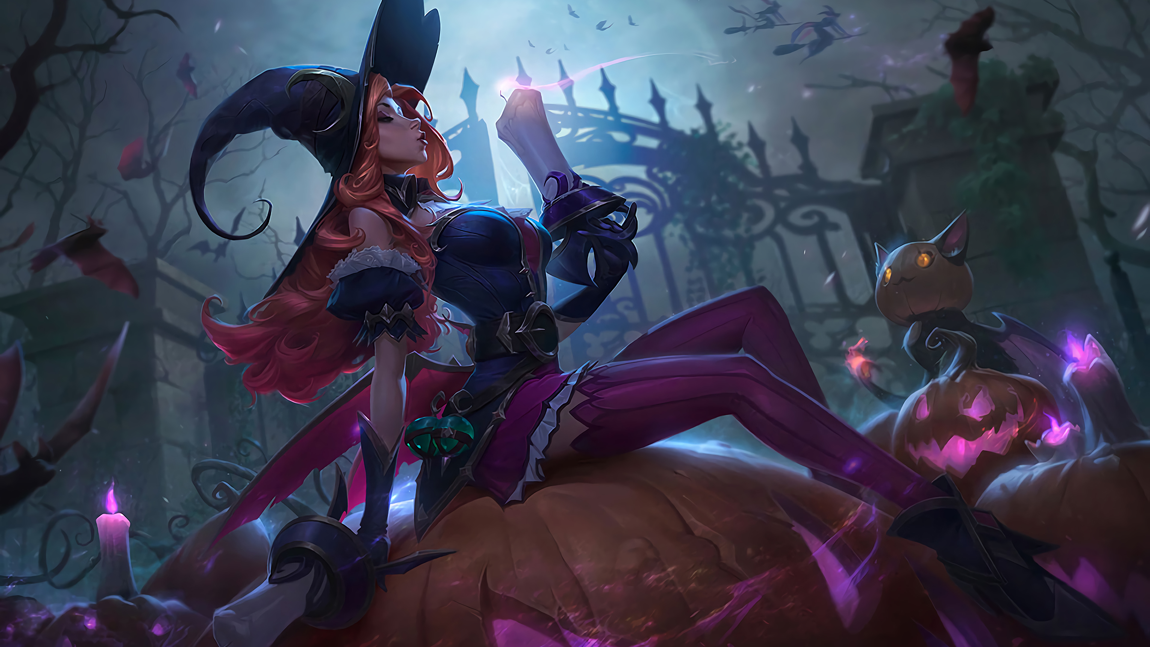 General 3840x2160 Miss Fortune (League of Legends) League of Legends Riot Games Halloween witch witch hat Jack O' Lantern witch's broom bats stockings GZG PC gaming video game girls fantasy art fantasy girl hat women with hats legs sitting pumpkin
