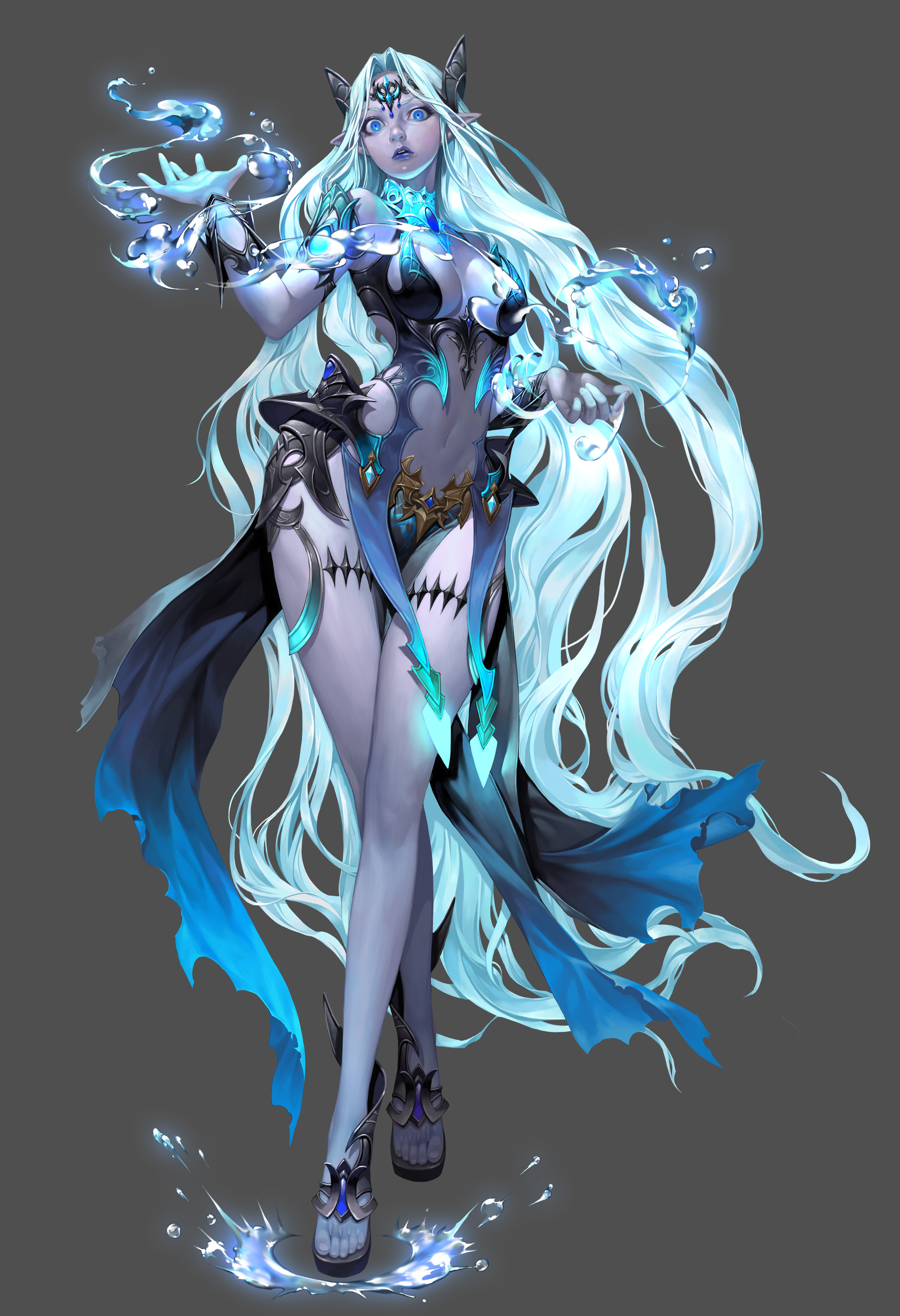 General 1920x2807 Mam Ba drawing women blue long hair magician water ice spell simple background splashes blue eyes tiaras elves cyan
