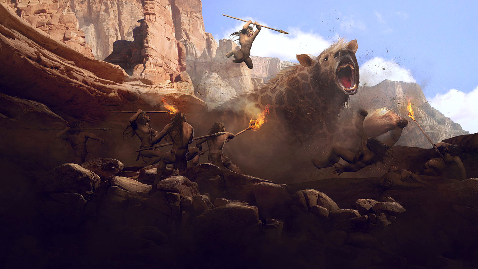 General 1920x1080 Guillem H. Pongiluppi artwork digital art hyenas giant creature spear fire torches battle mountains prehistoric fantasy art hominid