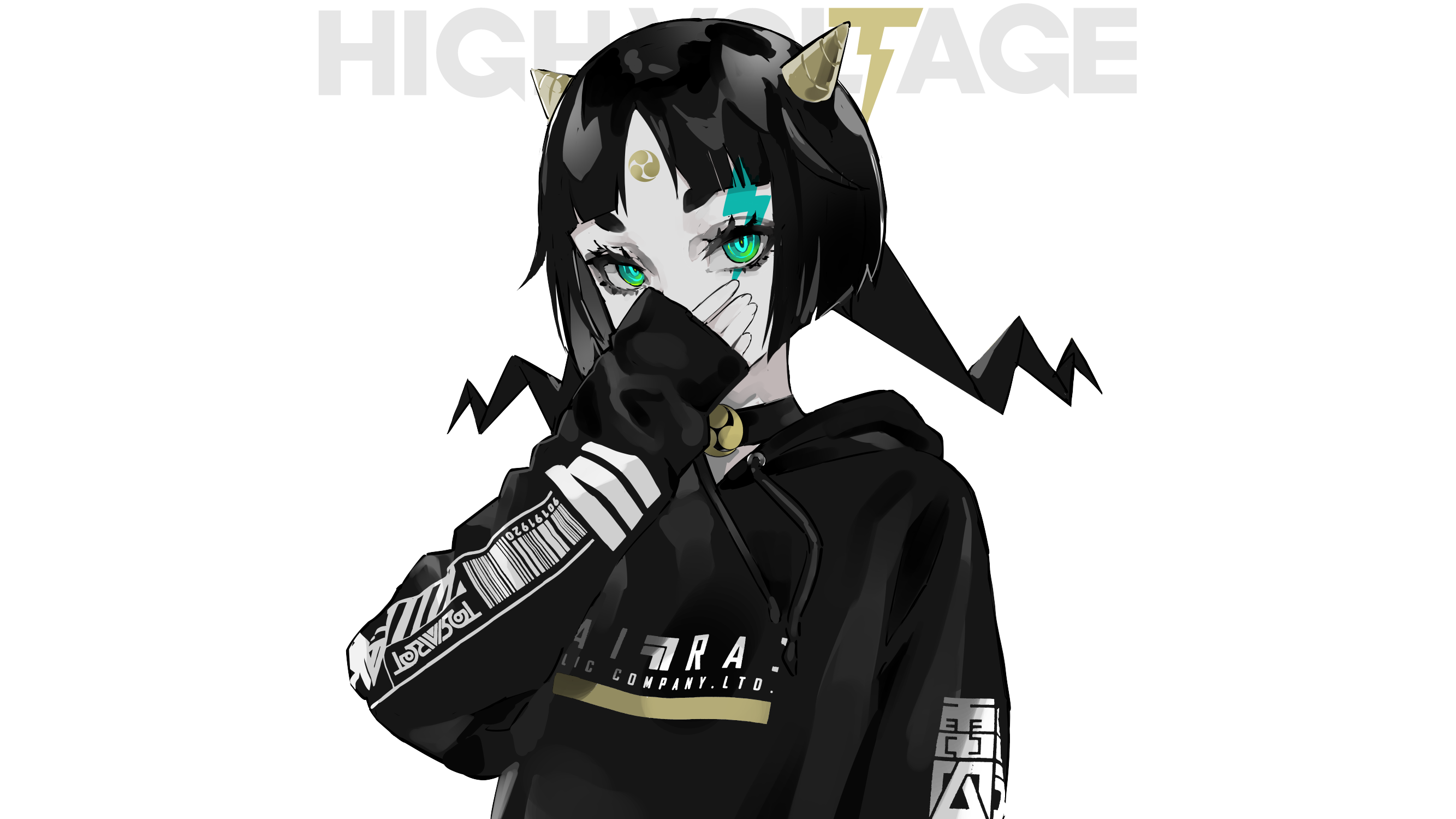 Anime 2667x1500 anime girls original characters women black hair looking at viewer green eyes demon girls horns covered face necklace sweatshirts hoods black clothing white background simple background artwork drawing digital art illustration 2D LAM minimalism anime