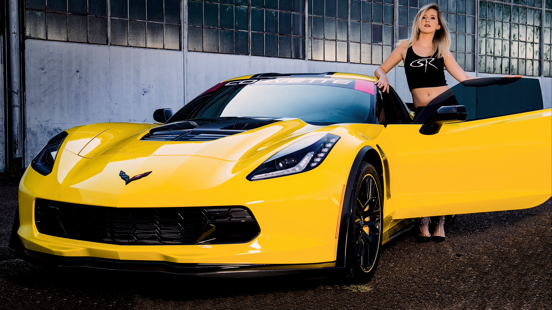 People 1920x1080 Chevrolet Corvette C7 car vehicle women yellow cars women with cars standing blonde model bare midriff belly dyed hair Corvette looking at viewer Chevrolet American cars