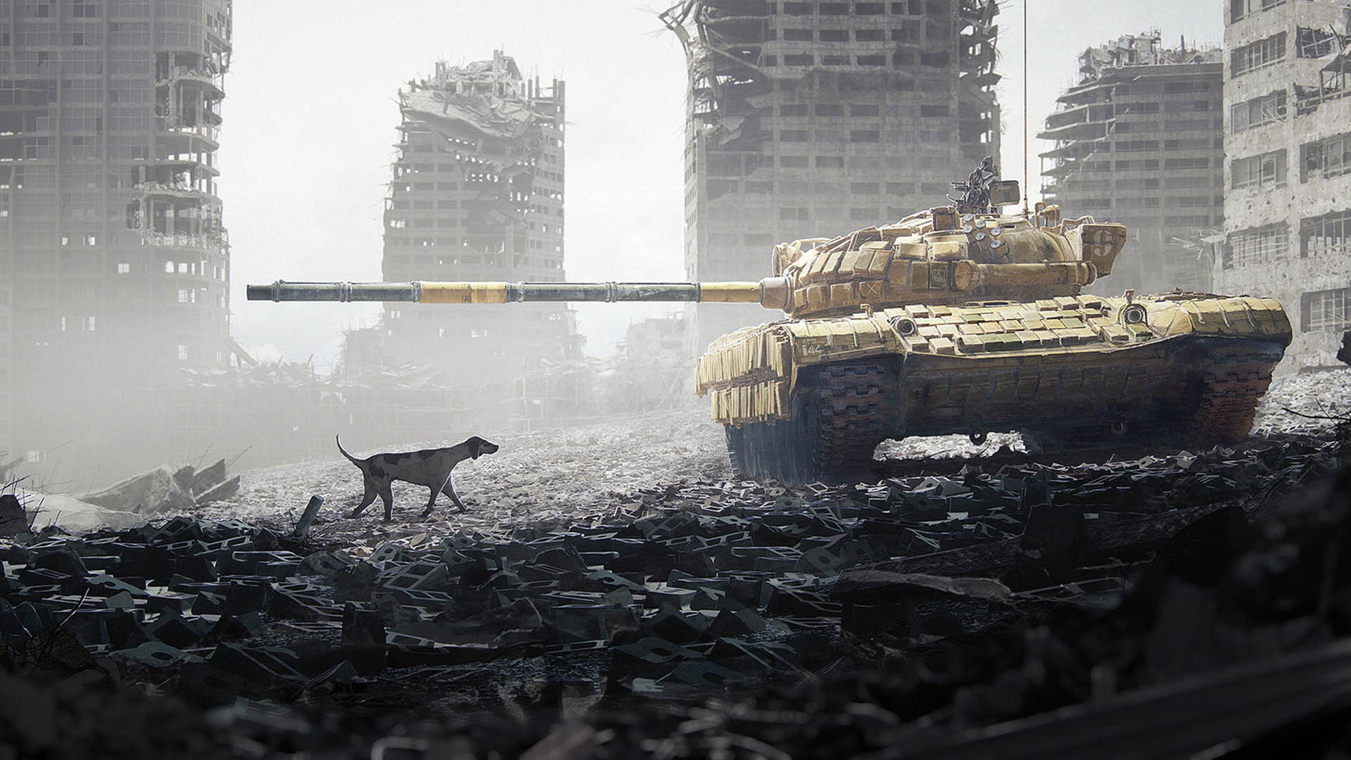 General 1920x1080 dog ruins tank vehicle artwork T-72 Russian/Soviet tanks