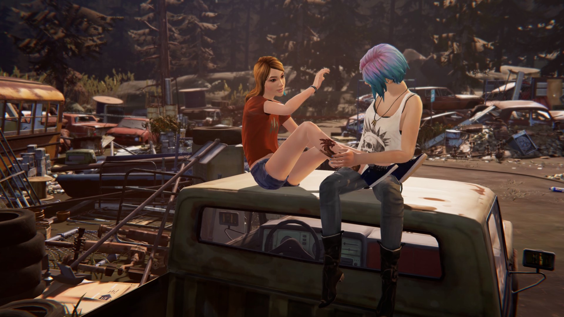 General 1920x1080 Life is Strange Before the Storm Chloe Price Rachel Amber skinny jeans necklace jean shorts tank top black bras inked girls tattoo Arcadia Bay smiling emo skull sneakers legs up bent legs T-shirt red t-shirt short sleeves redhead dyed hair two women video games video game girls video game characters screen shot PC gaming pickup trucks