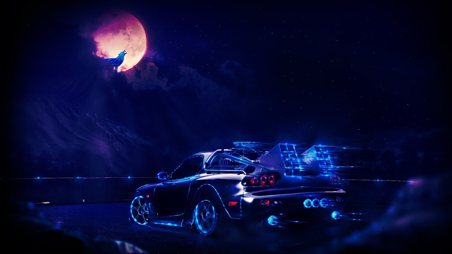 General 1920x1080 car neon Moon wolf Back to the Future digital art vehicle blue Time Machine time travel sky dark
