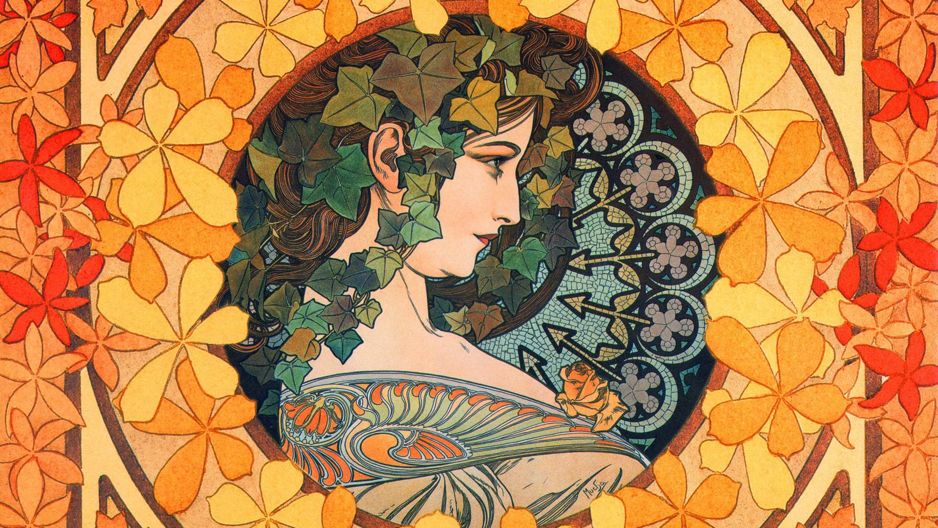 General 1920x1080 women long hair artwork painting brunette portrait face profile traditional art Art Nouveau