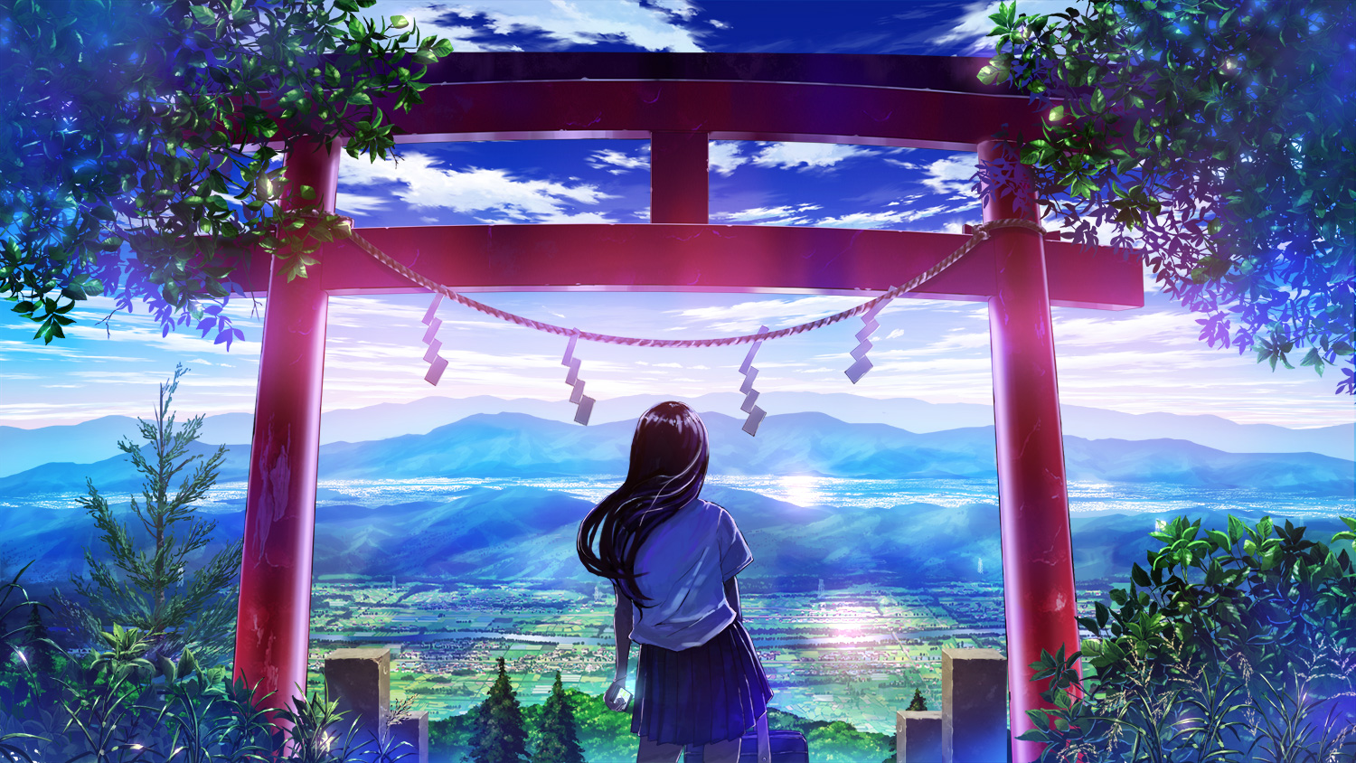 Anime 1500x844 shrine landscape high view summer plants trees mountains sky clouds anime from behind