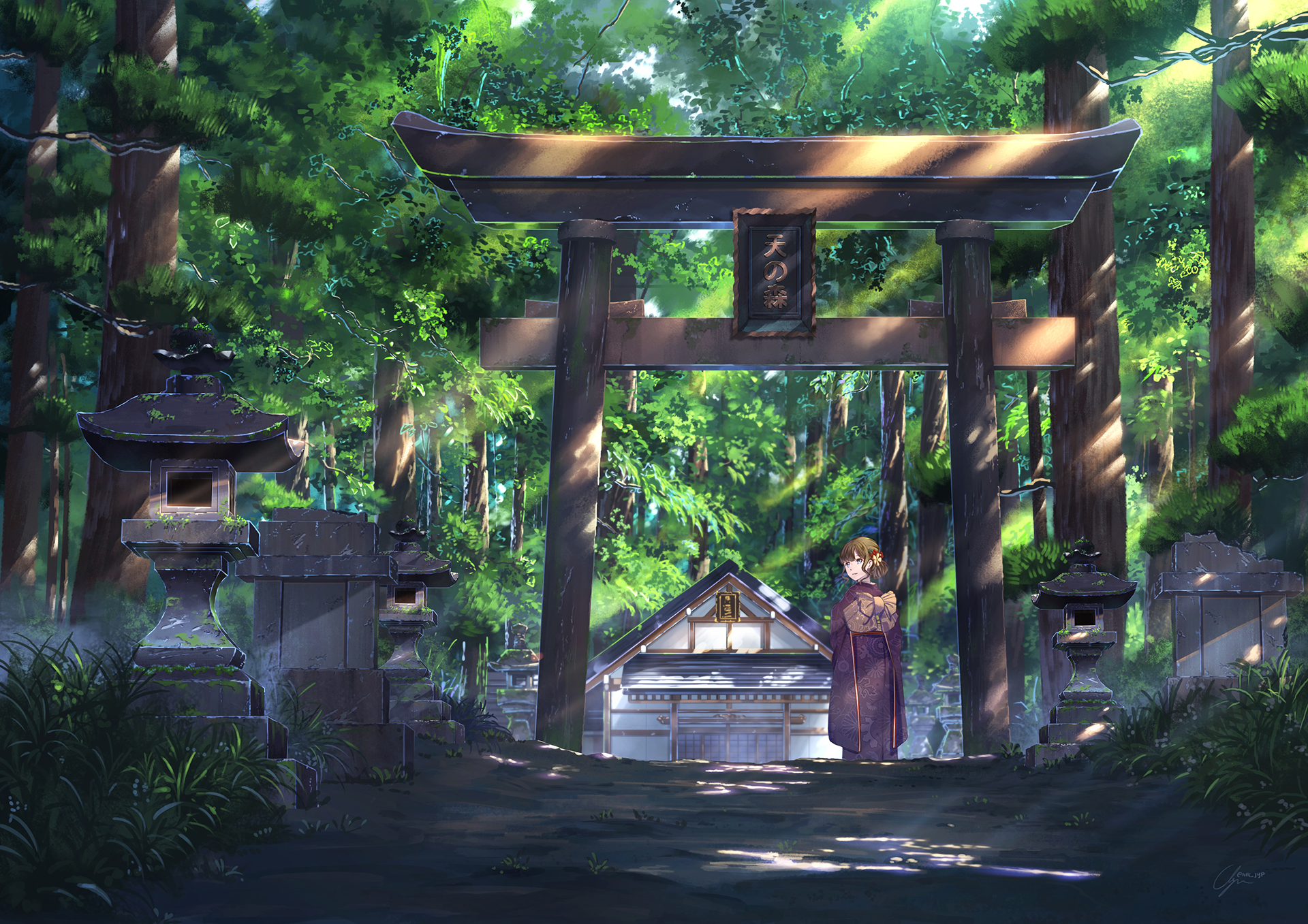 Anime 1920x1357 anime anime girls original characters Japan forest kimono