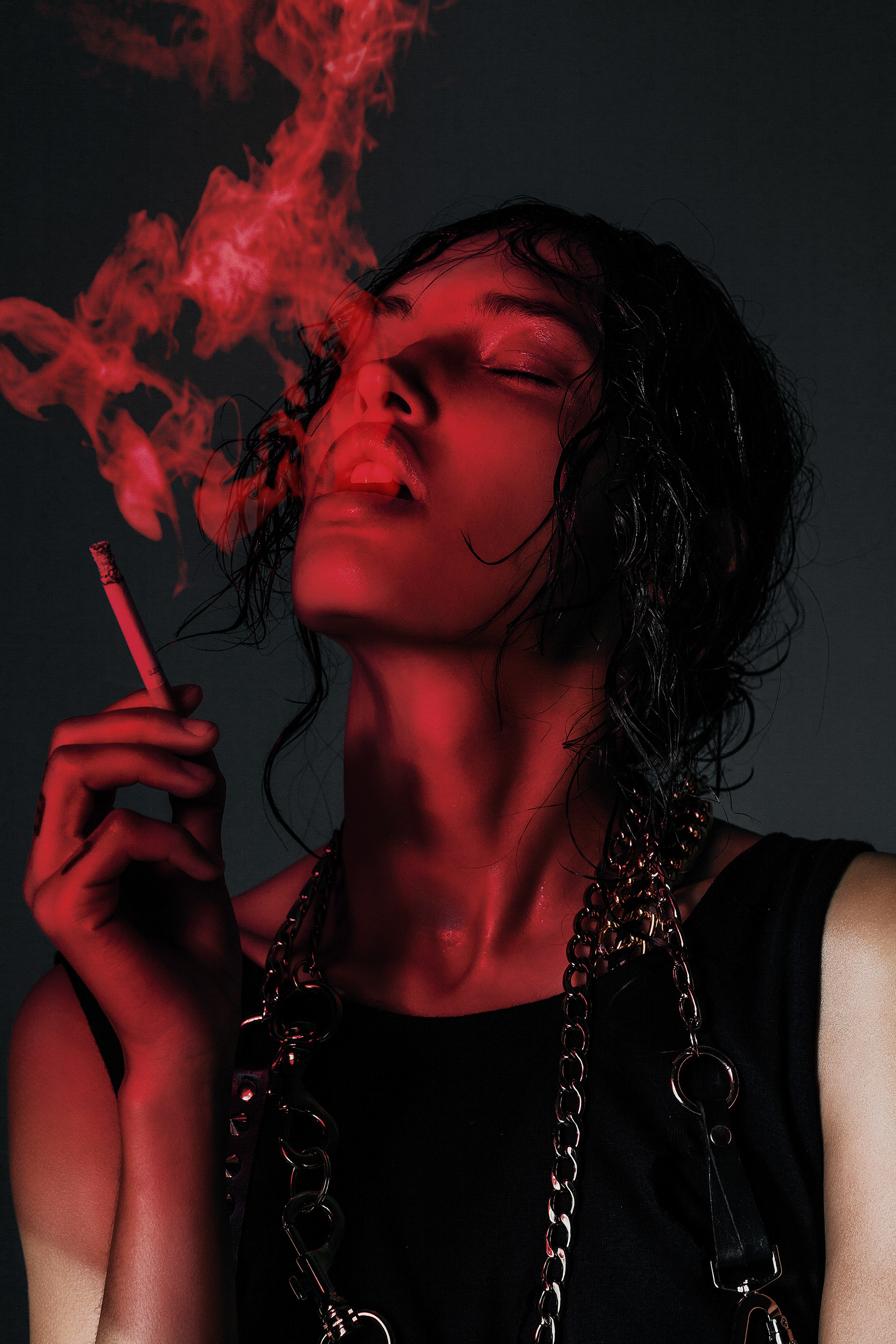 People 1920x2880 women women indoors smoking cigarettes dark face closed eyes smoke red