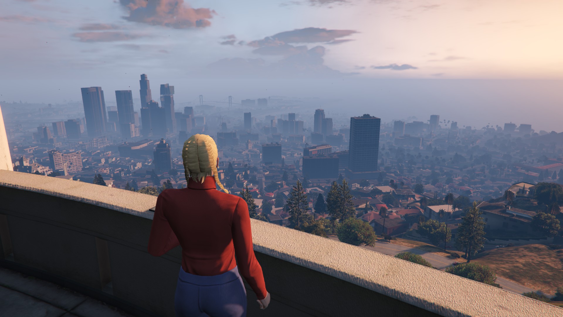 General 1920x1080 Grand Theft Auto V Grand Theft Auto Online blonde video game girls top view landscape leggings red tops clouds city
