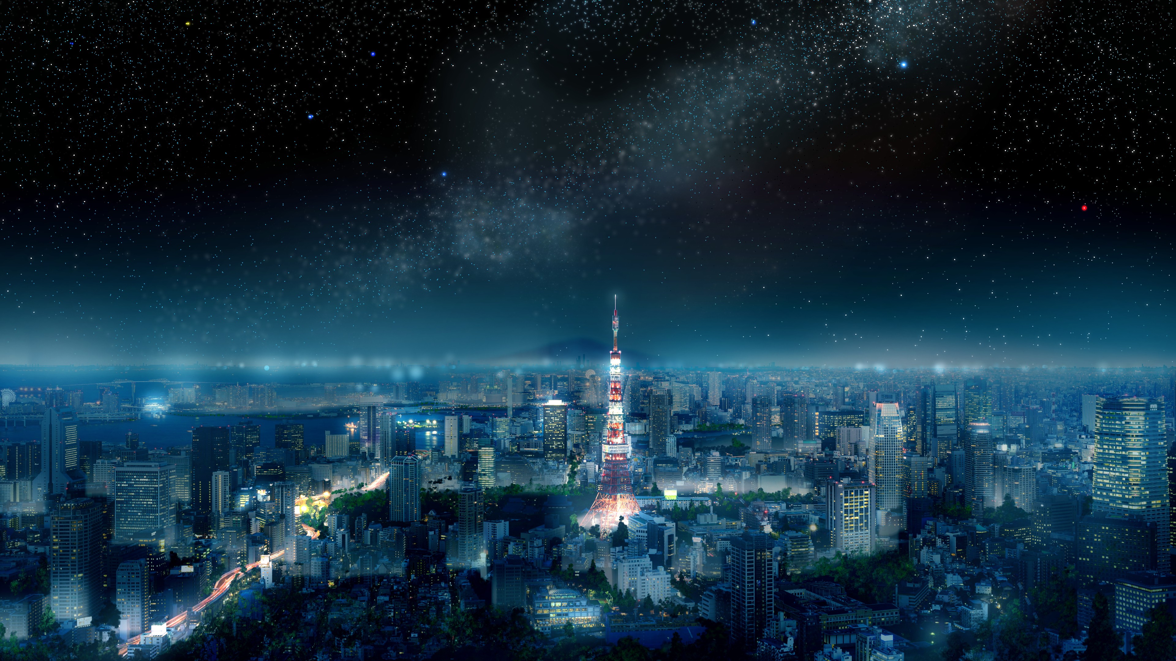 Anime 3840x2160 Japan Tokyo city cityscape night sky space Asia blue