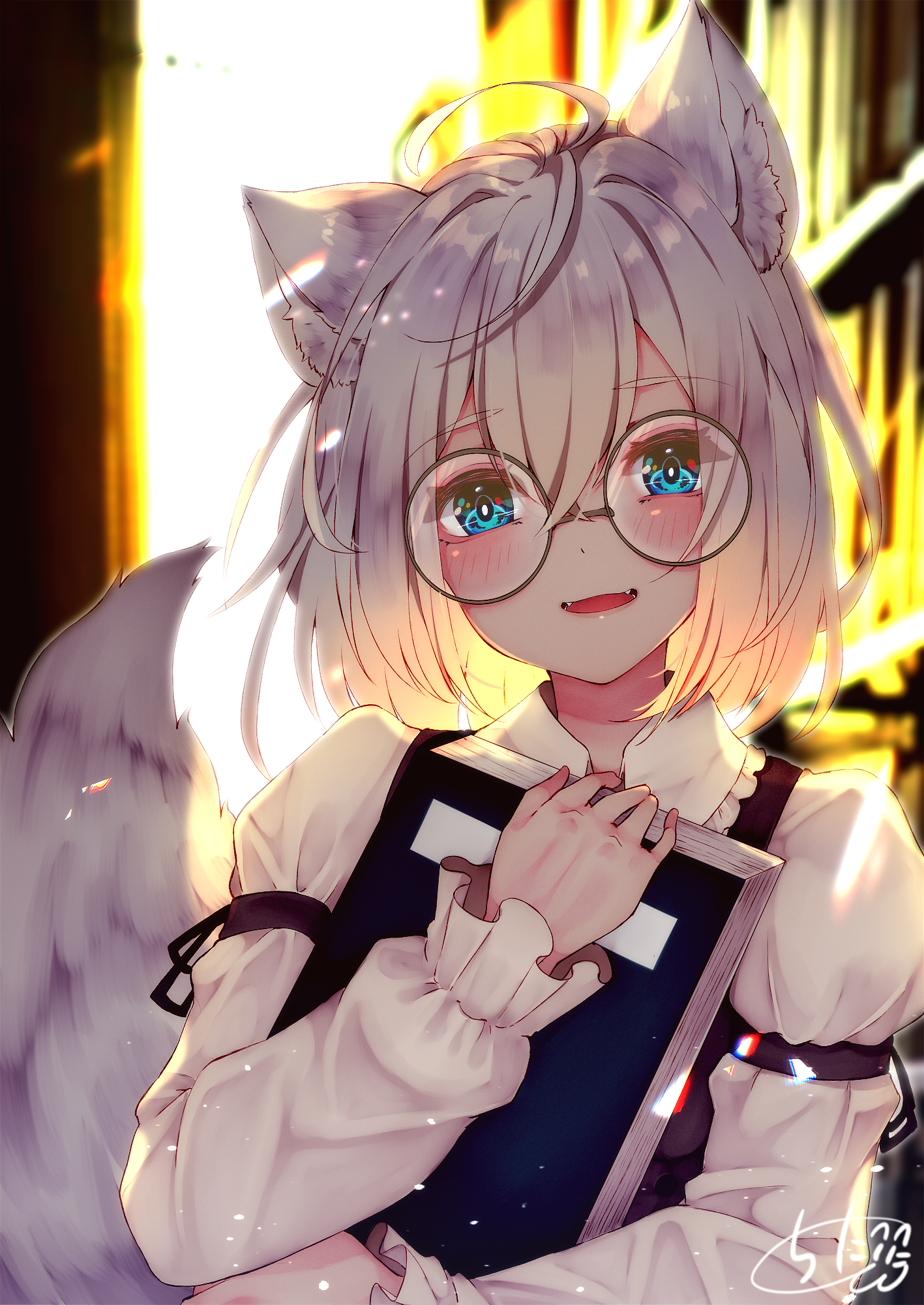 Anime 1417x2000 anime girls original characters anime fantasy girl white hair bangs blue eyes fox girl fox ears backlighting books library depth of field women with glasses glasses looking at viewer blushing smiling fangs portrait display tail animal ears artwork digital art illustration 2D drawing chita (ketchup)