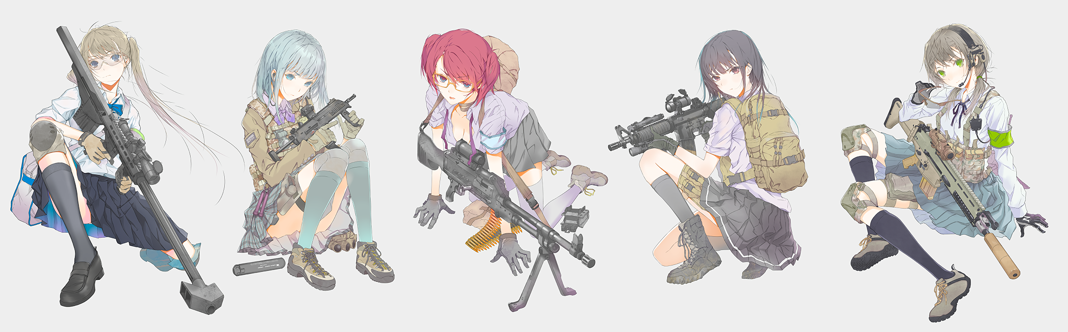 Anime 3456x1074 machine gun school uniform simple background anime