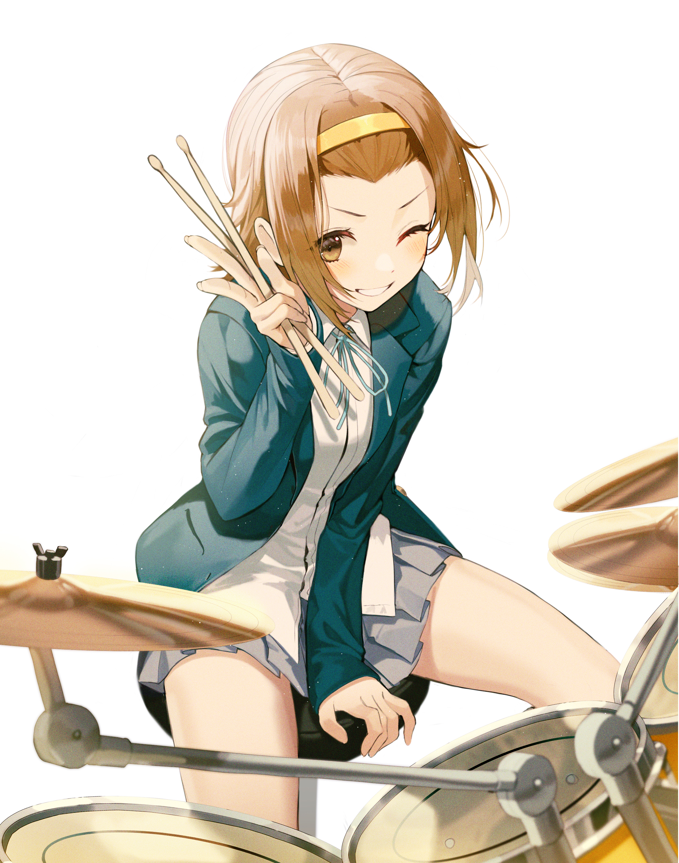 Anime 2210x2807 K-ON! thighs anime girls drums school uniform JK spread legs short hair Tainaka Ritsu 2D brunette smiling musical instrument curvy blushing one eye closed looking at viewer brown eyes simple background Pro-p fan art anime drumsticks (instrument)