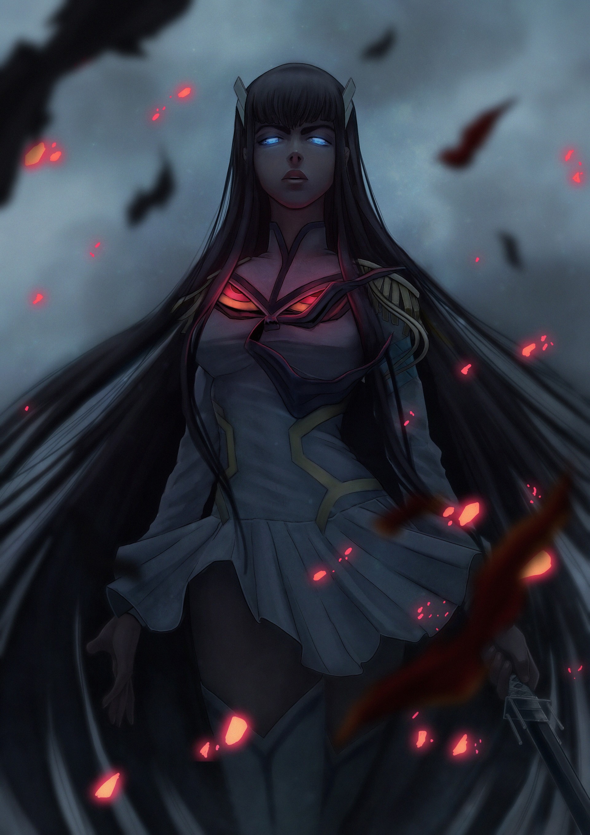 Anime 1920x2716 Kill la Kill anime girls female warrior women with swords Junketsu katana long hair thigh high boots thick thigh white dress curvy fire Kiryuin Satsuki black hair 2D looking at viewer blue eyes hair blowing in the wind Jacob Noble portrait display fan art low-angle anime glowing eyes